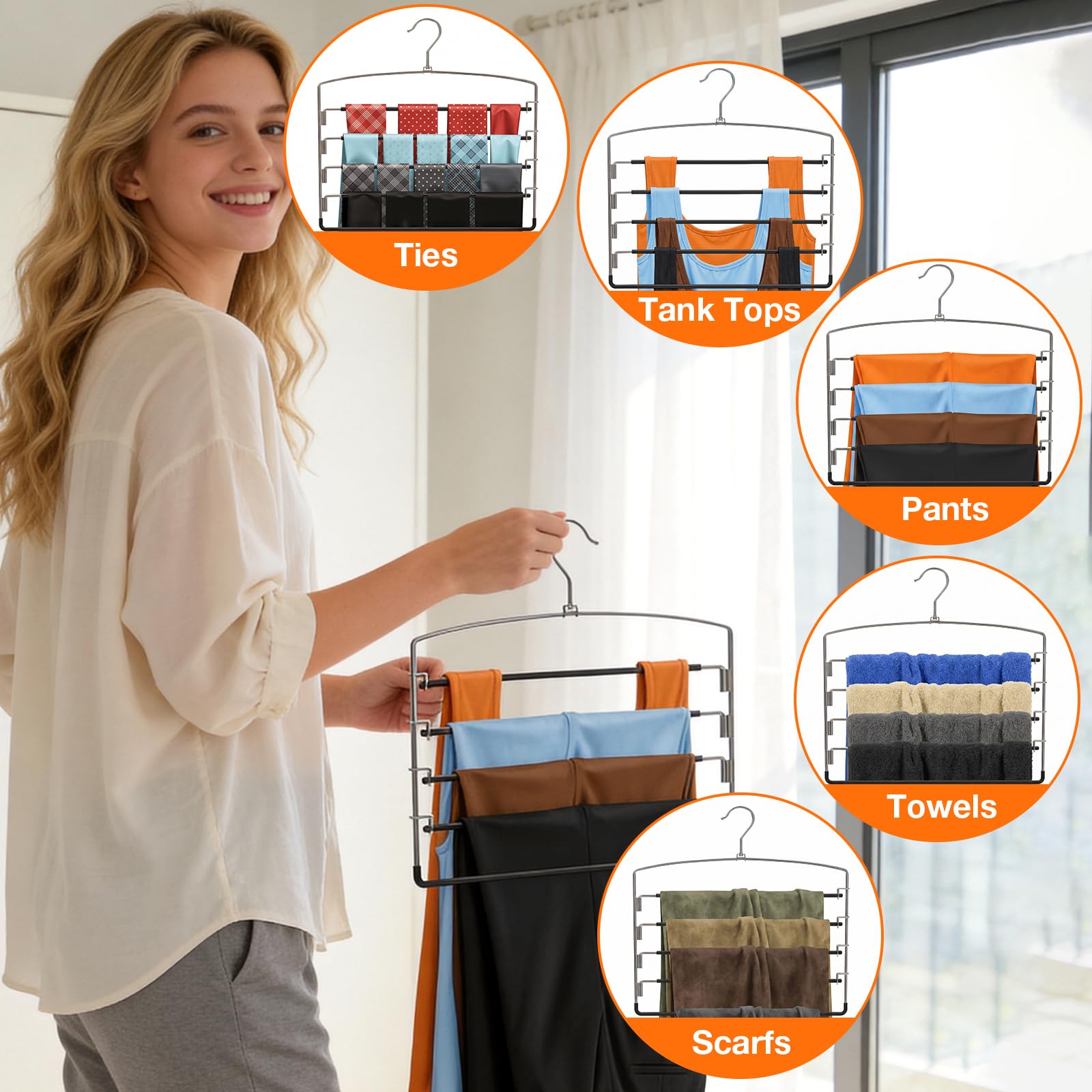 Korpai Hosenbügel, platzsparend, mehrlagig, 150° drehbar, Metall-Schwenkarm, rutschfeste Gummibeschichtung, Schrank-Organizer und Aufbewahrung, 360° drehbarer Haken für Jeans, Hosen, Hosen, Hosen