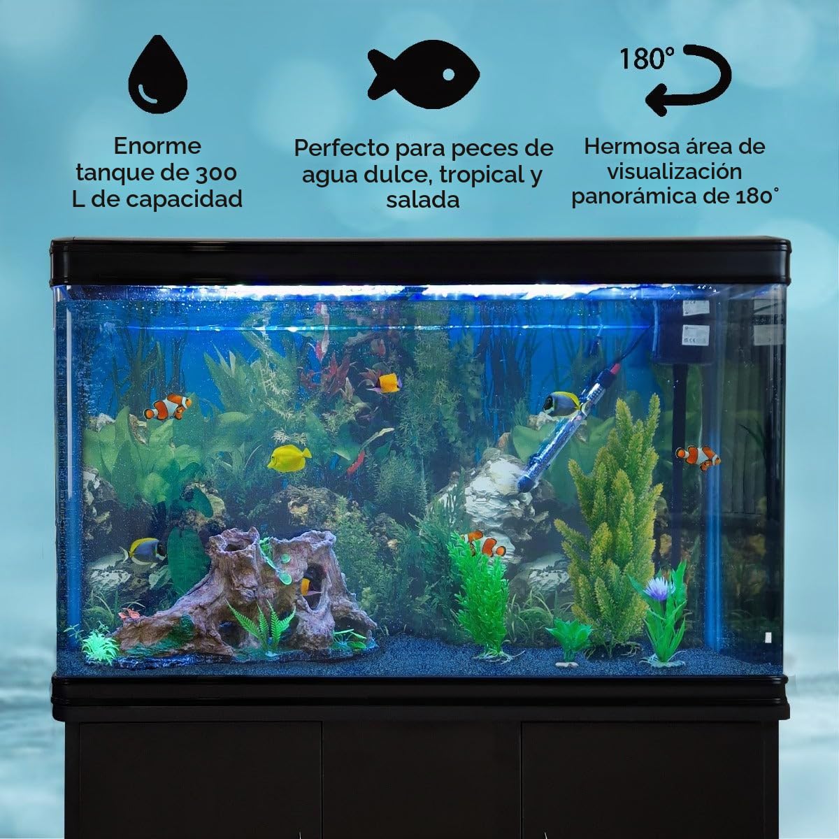Pecera Acuario 300 litros para Peces de Agua Dulce,Tropicales+Marinos con Mueble Negro,Grava Azul, Calentador 300W Ajustable,Filtro,Bomba Aire,Zona Observación 180º +Luz LED, 2 Años Garantía Eléctrica