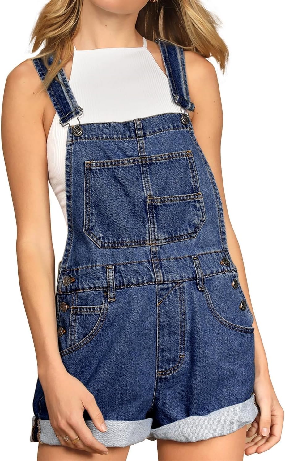 Women's Casual Denim Bib Overall Shorts Adjustable Straps Cuffed Hem Shortall Rompers