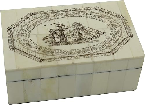 Miniatura 1 de Fragata americana grabada Vintage Scrimshaw Bone Box Reproducción antigua