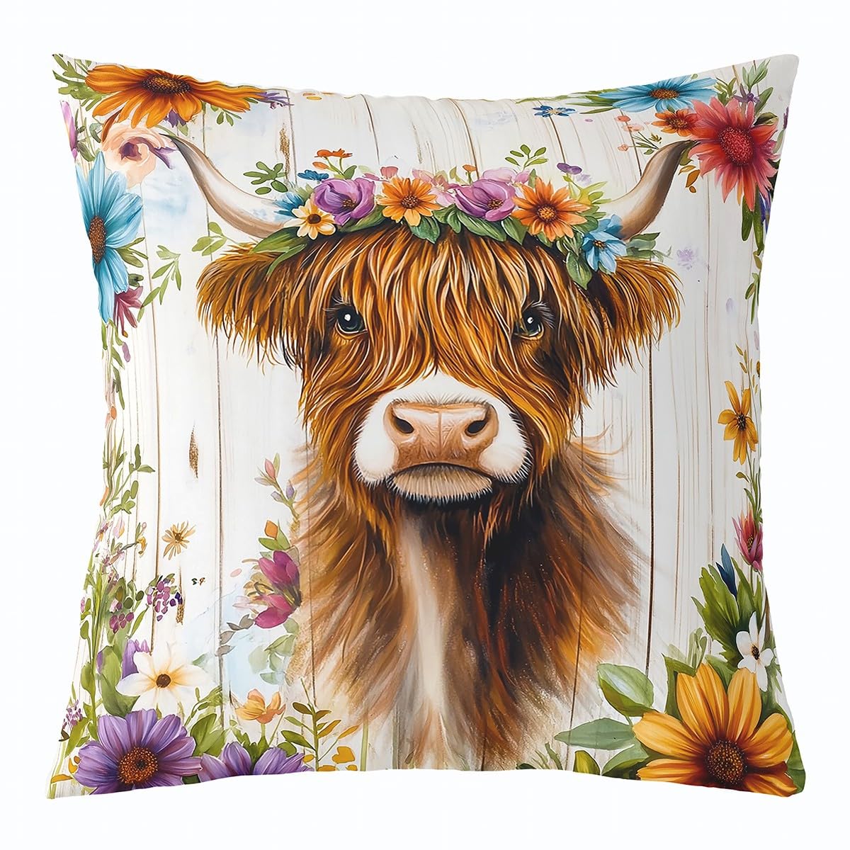Homewish Kissenbezug Hochlandrind 45X45 Jungen Teenager, Blumen Tiere Kissenhülle Niedlich Für Mädchen Jungen, Gelbe Ästhetische Blumen Kissenbezug Mit Reißverschluss Dekokissenbezug,Waschbar