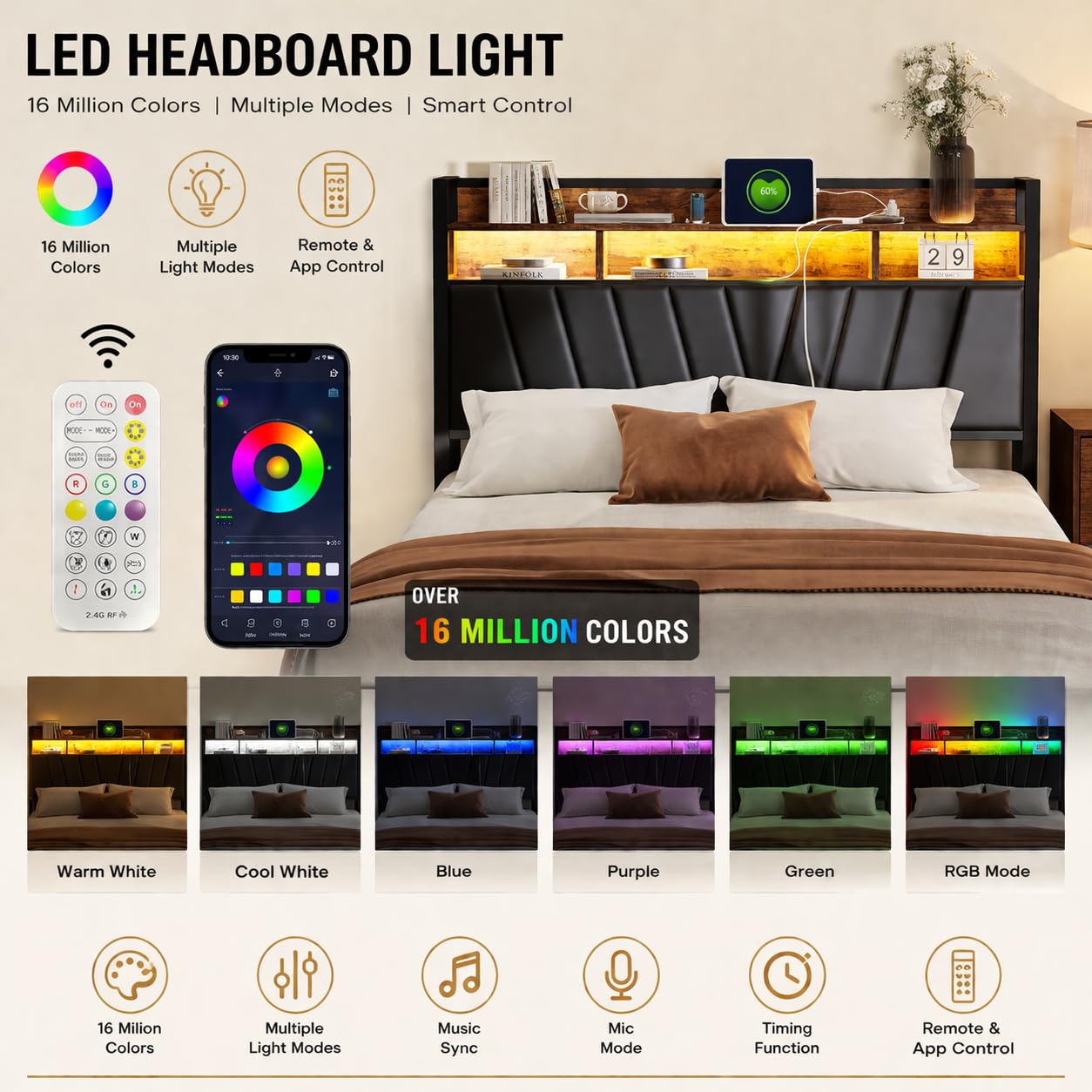 BRILVERDE Metallbett 140x200 mit LED, Stauraumbett mit 4 Schubladen, Doppelbett mit Stauraum Kopfteil, Jugendbett mit Lattenrost, Industriebettgestell, PU, Ohne Matratze (Schwarz, 140 x 200 cm)