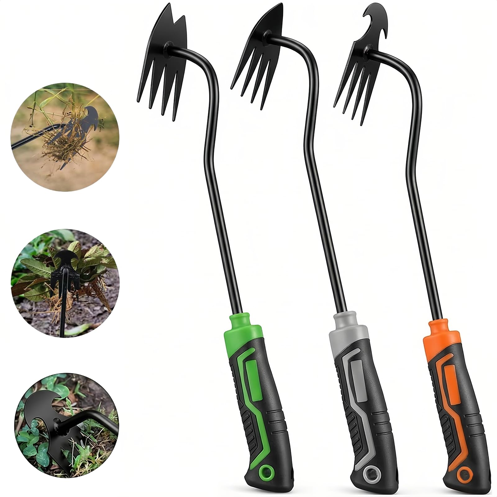 YDKOJGW 3 herramientas de eliminación de malezas, herramienta de extracción de malas hierbas de jardín con mango de goma, 4 dientes, herramienta manual de doble propósito para extraer malezas para