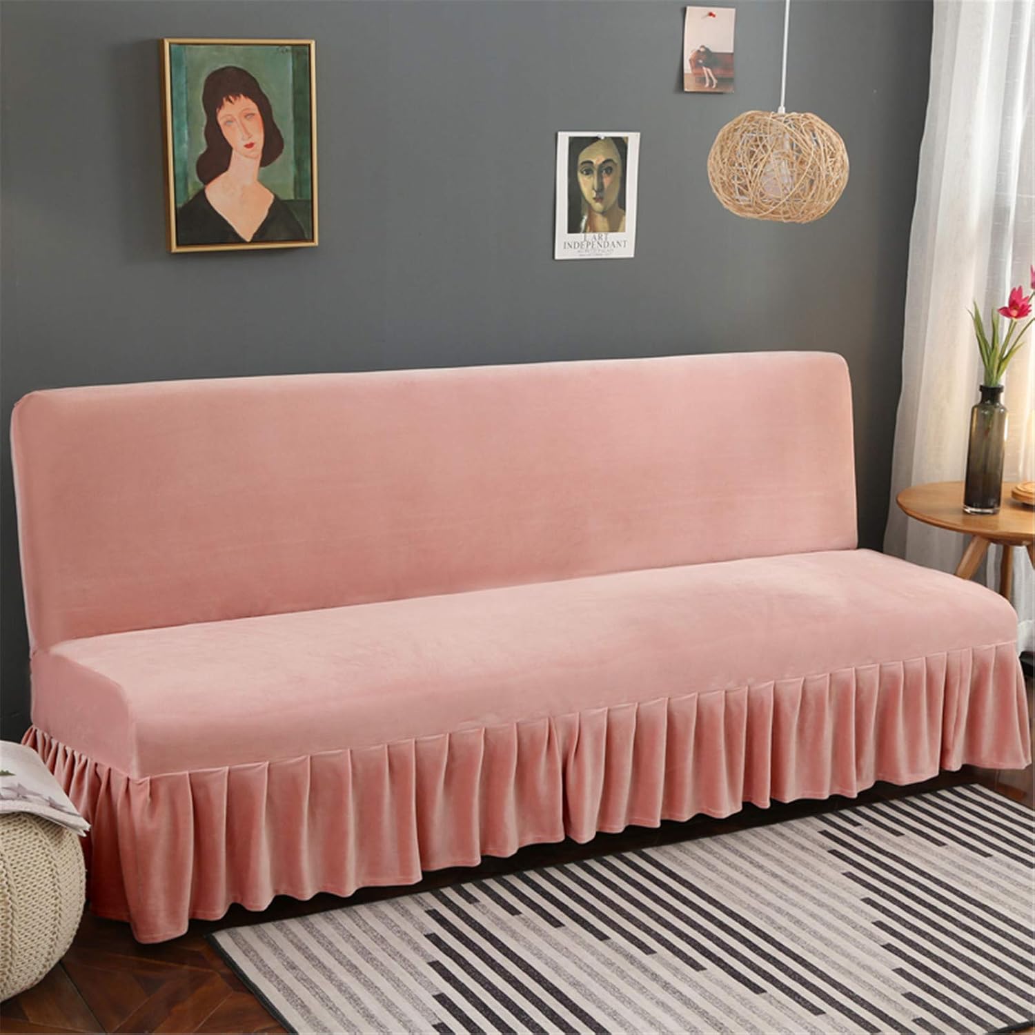 Armless Velvet Pink Futon Cover with Ruffle Skirt higly Stretch Futon Sofa Bed Cover No Arm Stain Resistant Machine Washable Large