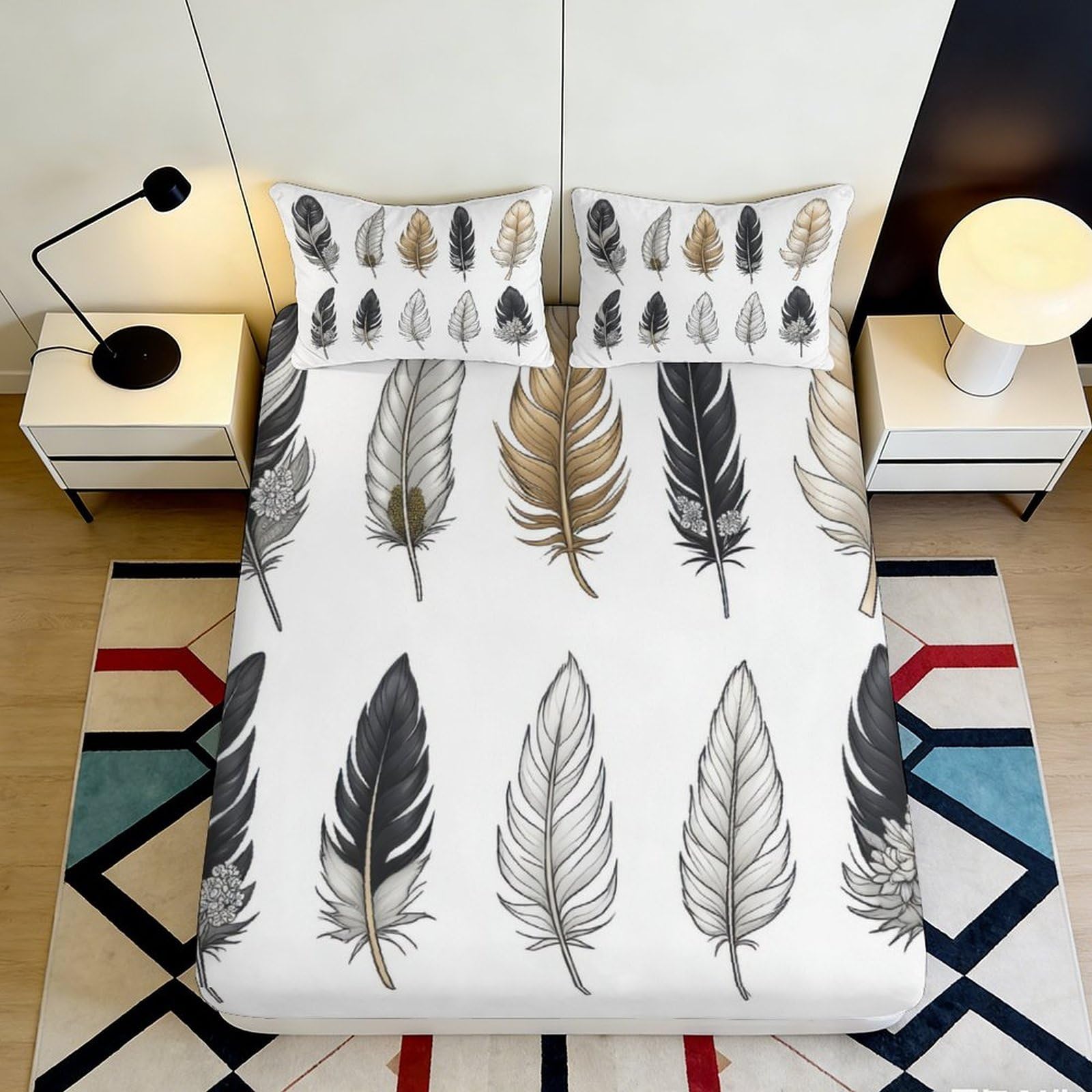 3D Printed Feather Fitted Sheet Microfiber Deep Pocket Non-Slip Feather Mattress Fitted Cover for Bedroom 200x200x25cm 90x200x25cm