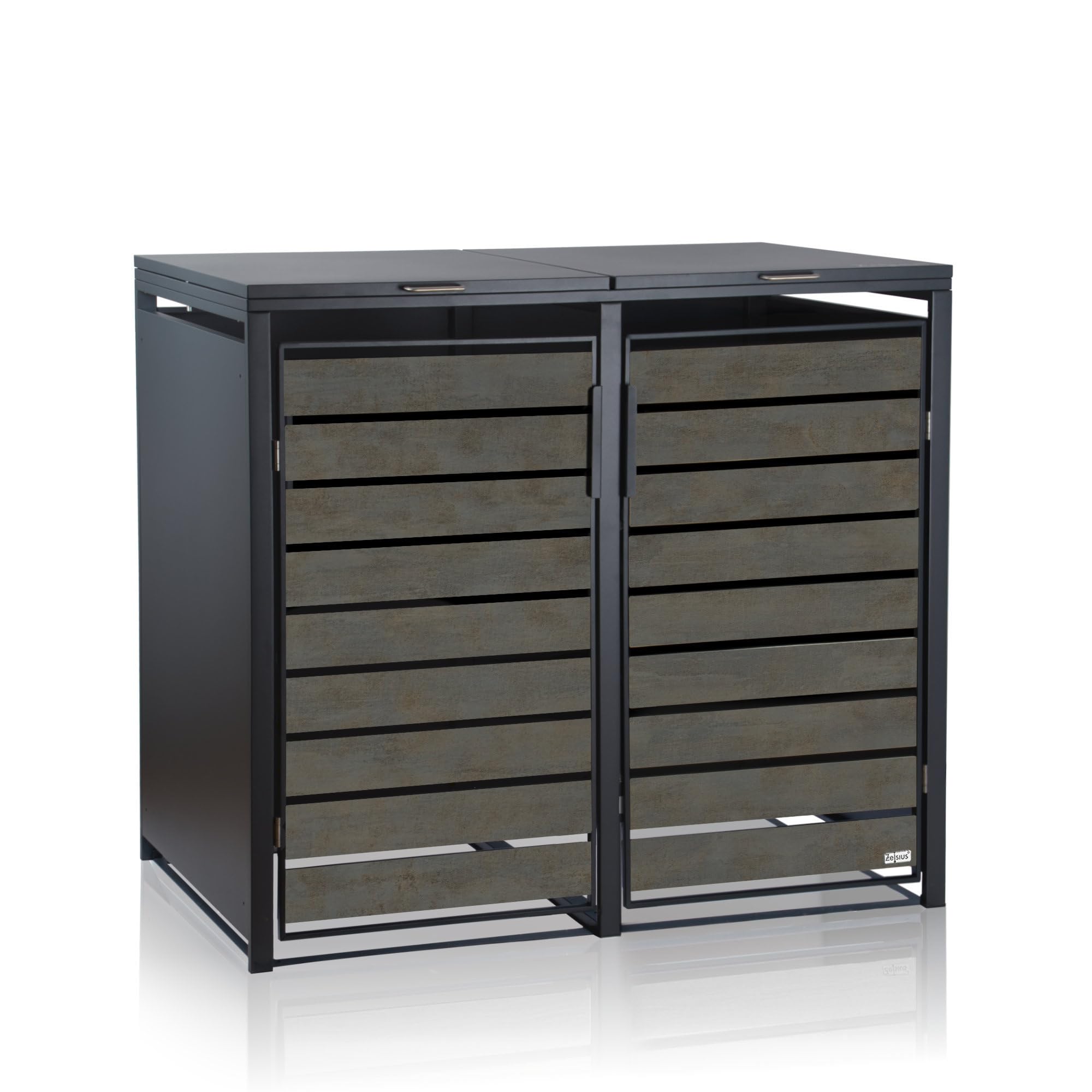 Zelsius Mülltonnenbox 2er Mülltonnen | (B) 132 x (T) 80 x (H) 117 cm | Anthrazit RAL7016 | Tür in dunkelgrauer Holzoptik mit Erweiterungsmöglichkeit | Mülltonnenverkleidung, Garten Müllbox