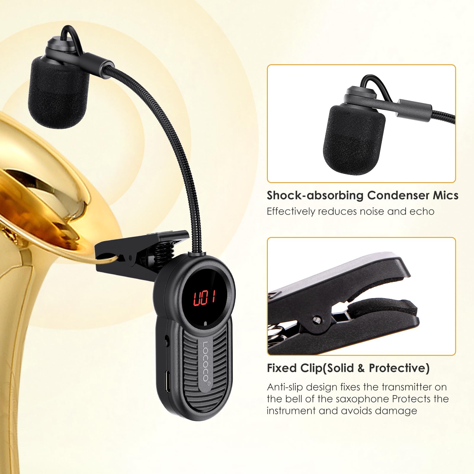 Microphone sans fil UHF pour saxophone, récepteur et émetteur sans fil, portée de 48,8 m, Plug and Play, idéal pour trompettes, clarinette, violoncelle