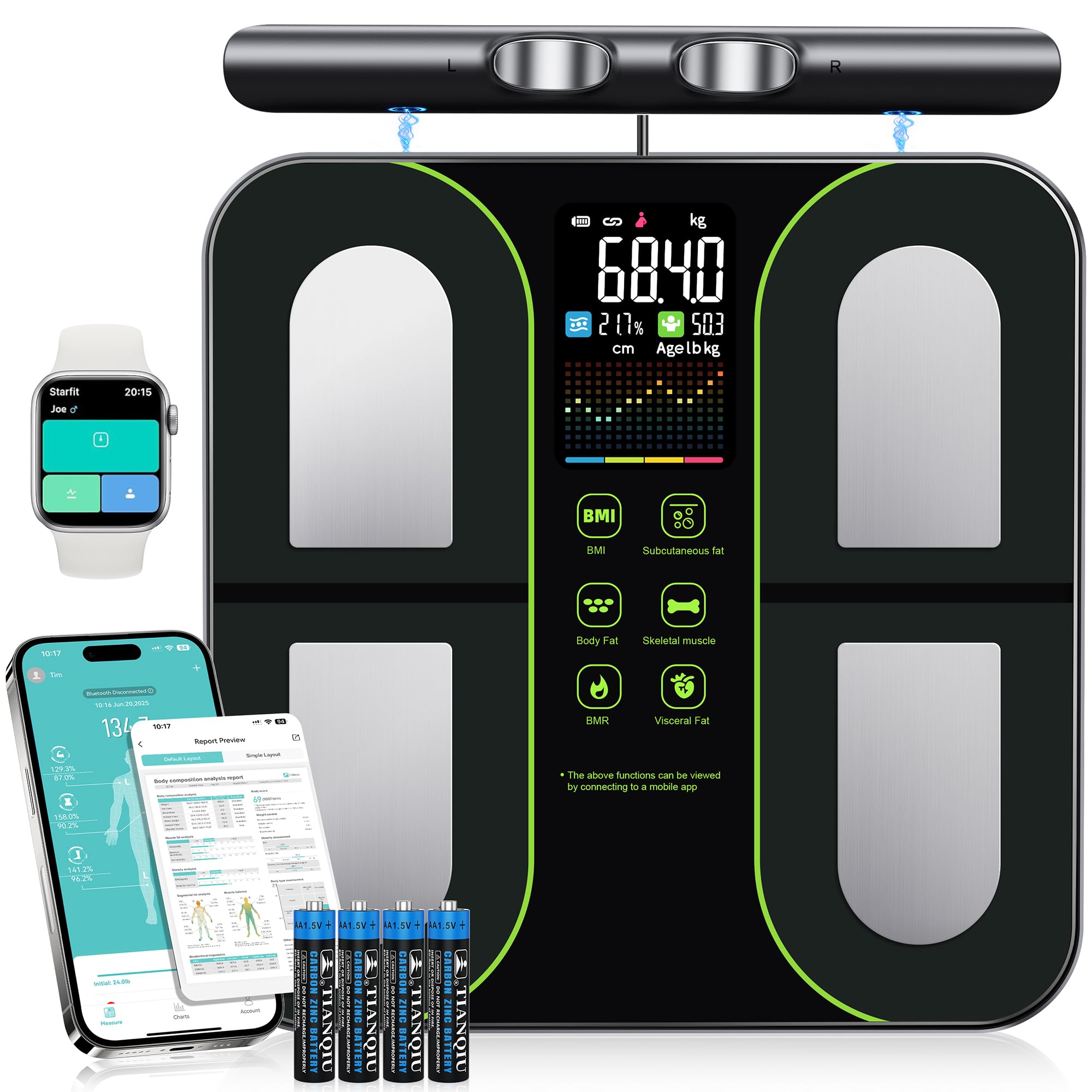 Körperfettwaage mit 8 Elektroden, Personenwaage mit 58 Körperanalyse Bluetooth App mit Handsensoren Waage mit Körperfett und Muskelmasse für Protein, BMI, BMR, Großem Display,180 kg/400 lbs