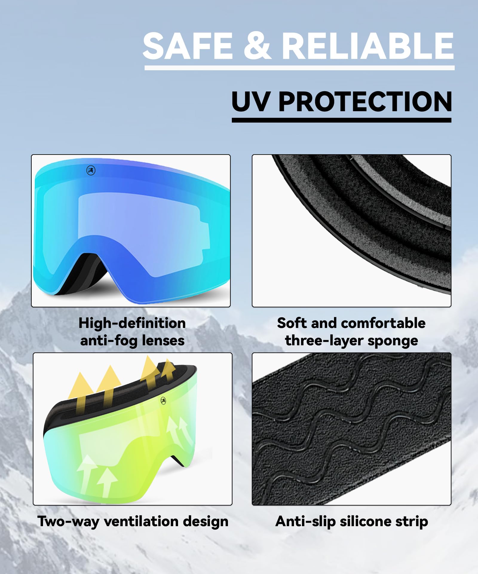 OTG Lunettes de ski photochromiques sans cadre - Adaptives à la lumière - Anti-buée - Protection UV - Pour homme et femme