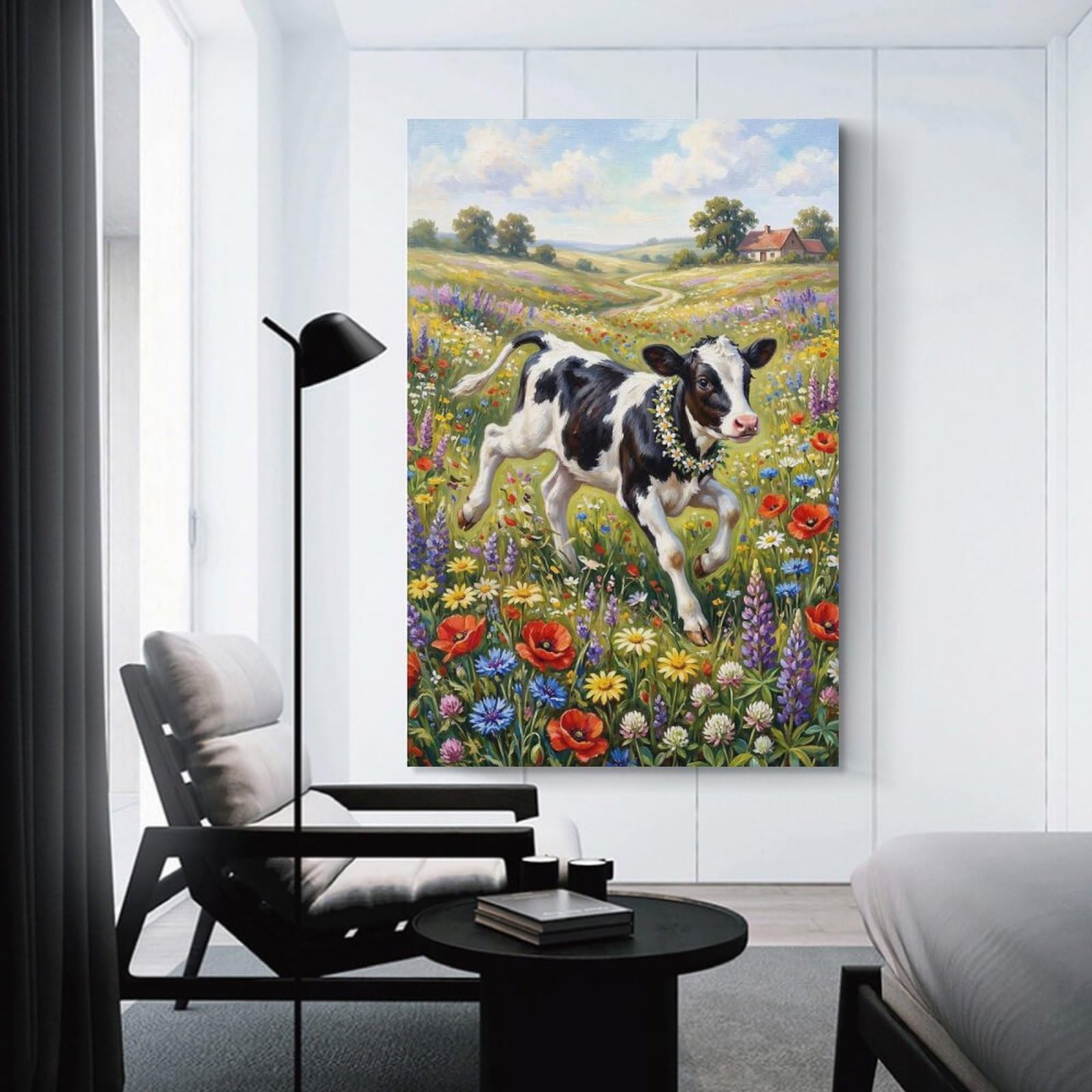 Junmoney Cow in A Field of Flowers Home Decor Wall Art 12x18inch(30x45cm), for Office, Study Or Home Workspace, Home Office Artwork with Decorative Appeal