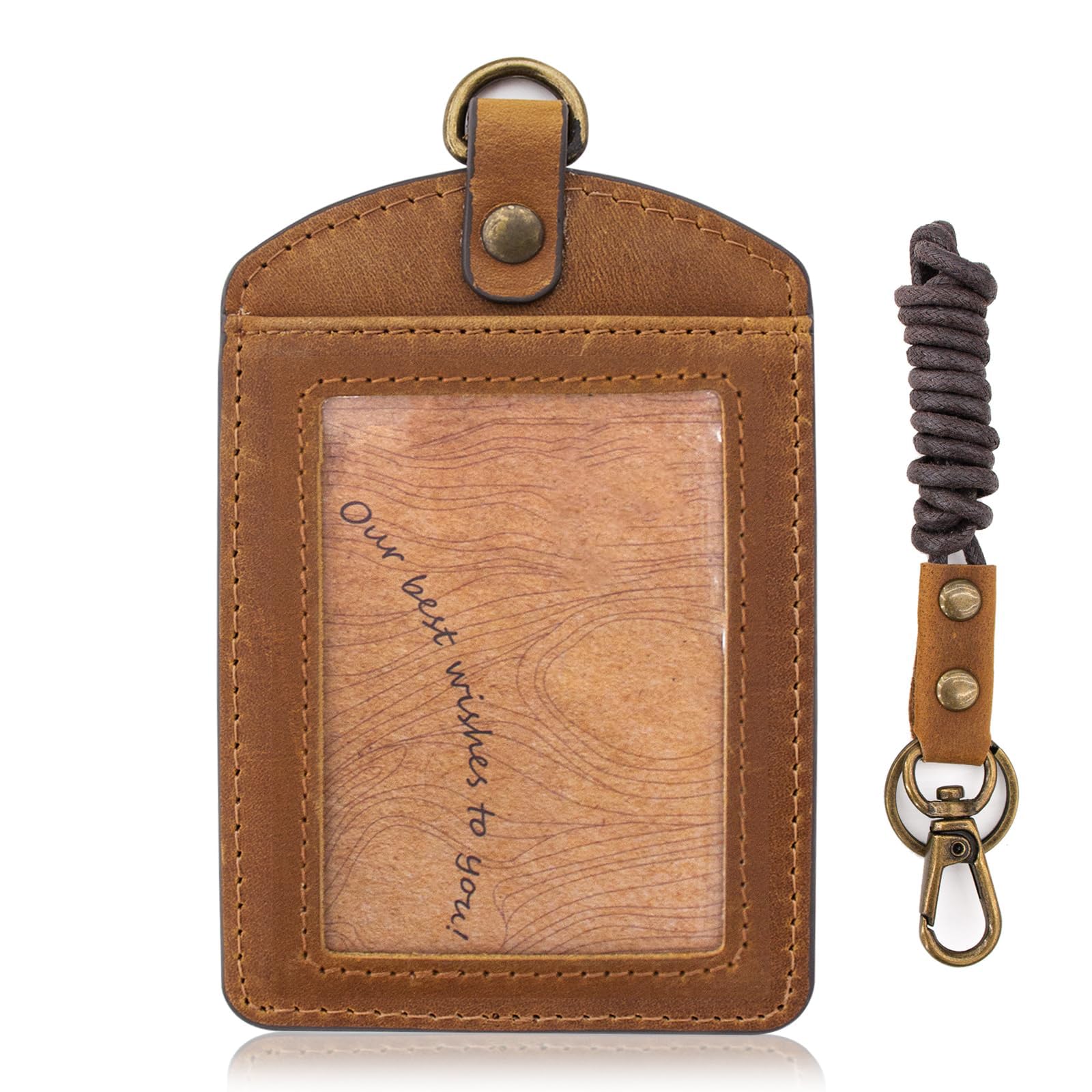 NALACAL Leather ID Badge Holder with Keychain, Vertical Card Holder with Zipper Pocket and Lanyard for Office, Driver's License, Credit Cards, and Keys (Brown)