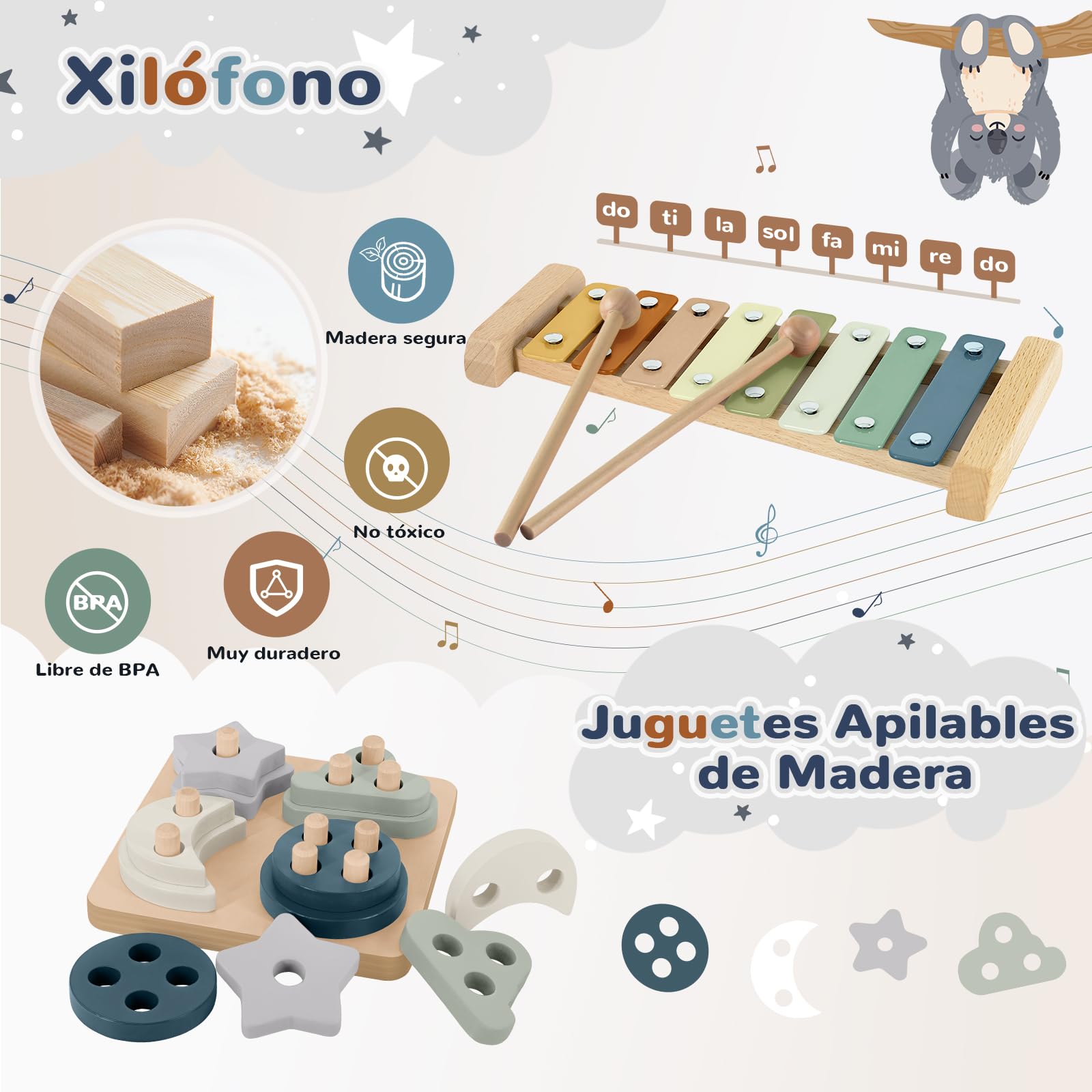 Juguetes Bebes 6-12 Meses,5 en 1 Juguetes Montessori,Juguetes Sensoriales con Cuerda para Tirar, Clasificación y Apilamiento de Formas,Xilófono,Taza de Apilable,Regalos Bebés Montessori 6 a 12 Meses