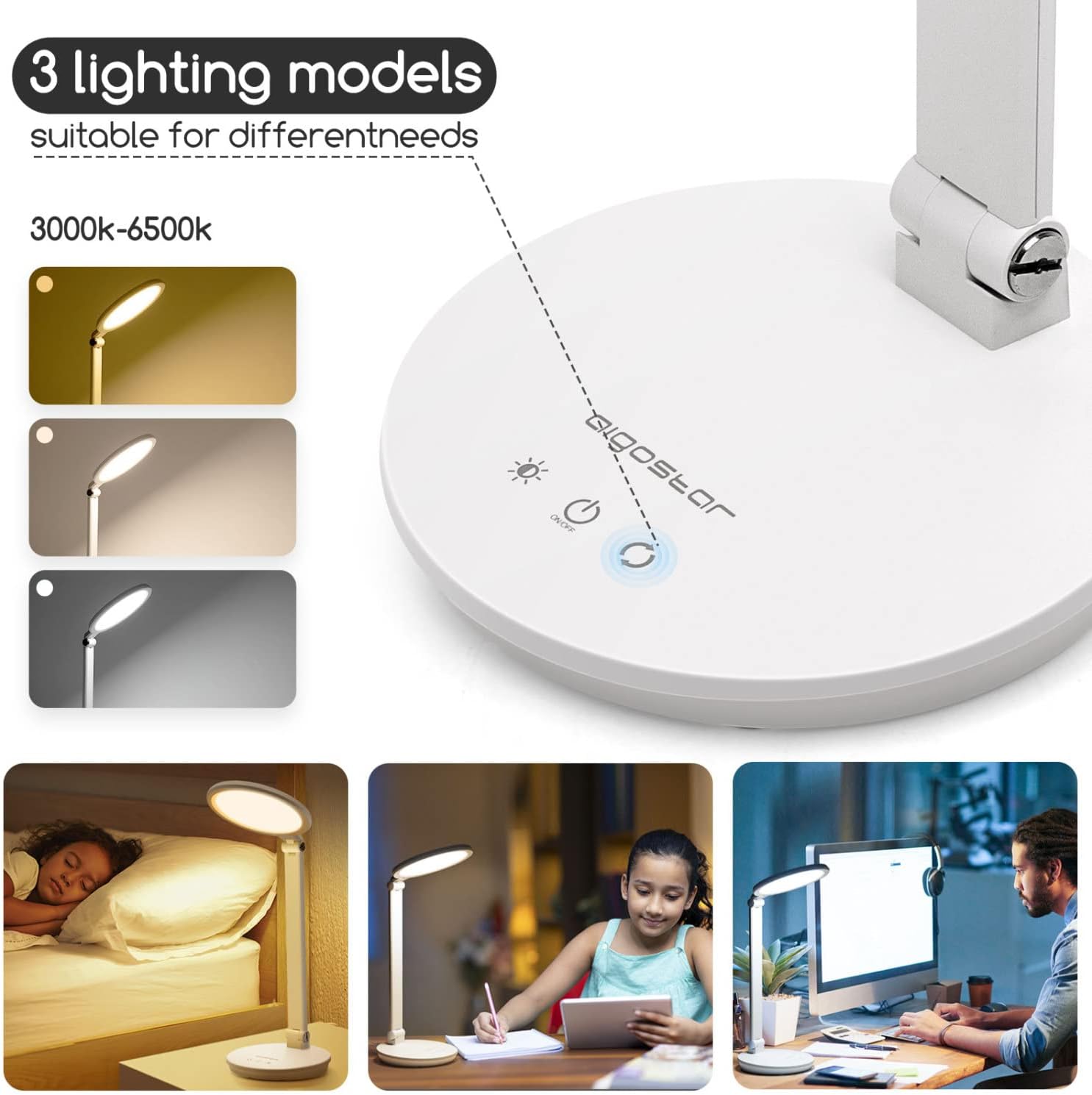 Aigostar LED Desk Lamp, Steplessly Dimmable Daylight Lamps, Eye Caring