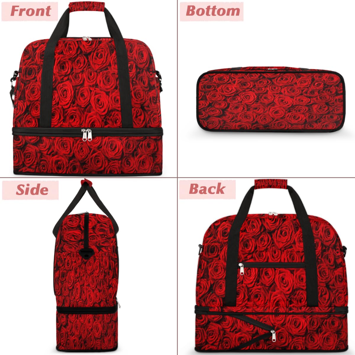 Bolsa de viaje plegable con diseño de rosas rojas de 47 l, bolsa de fin de semana con funda para carrito de transporte, bolsa de hombro separada para deportes, gimnasio, viajes, multicolor, 47L, Bolsa