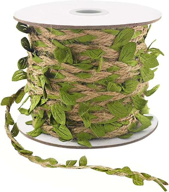 Advantez Natural Jute Twine, 5mm Hessian Twine with Artificial Leaves, Jute Twine String for Crafts DIY Wrapping Wedding Garden Home Decor, Birthday Safari Jungle Themed Party(1 Roll x 66 Feet)