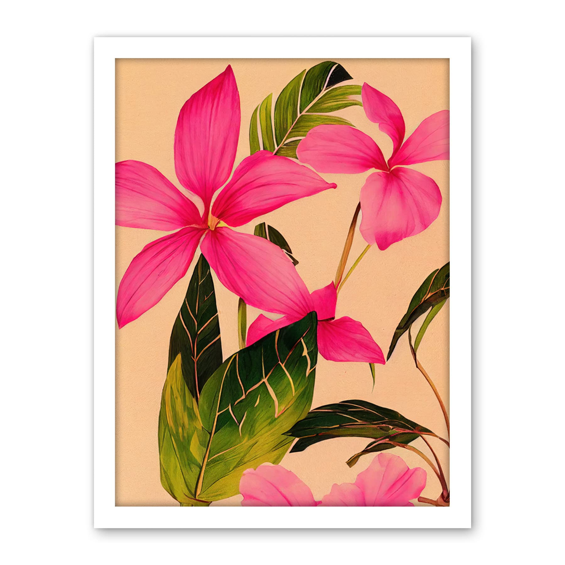 Wee Blue Coo Exotic Pink Plumeria Flower Plant Blooms Watercolour Pencil Illustration Artwork Framed Wall Art Print 18X24 Inch