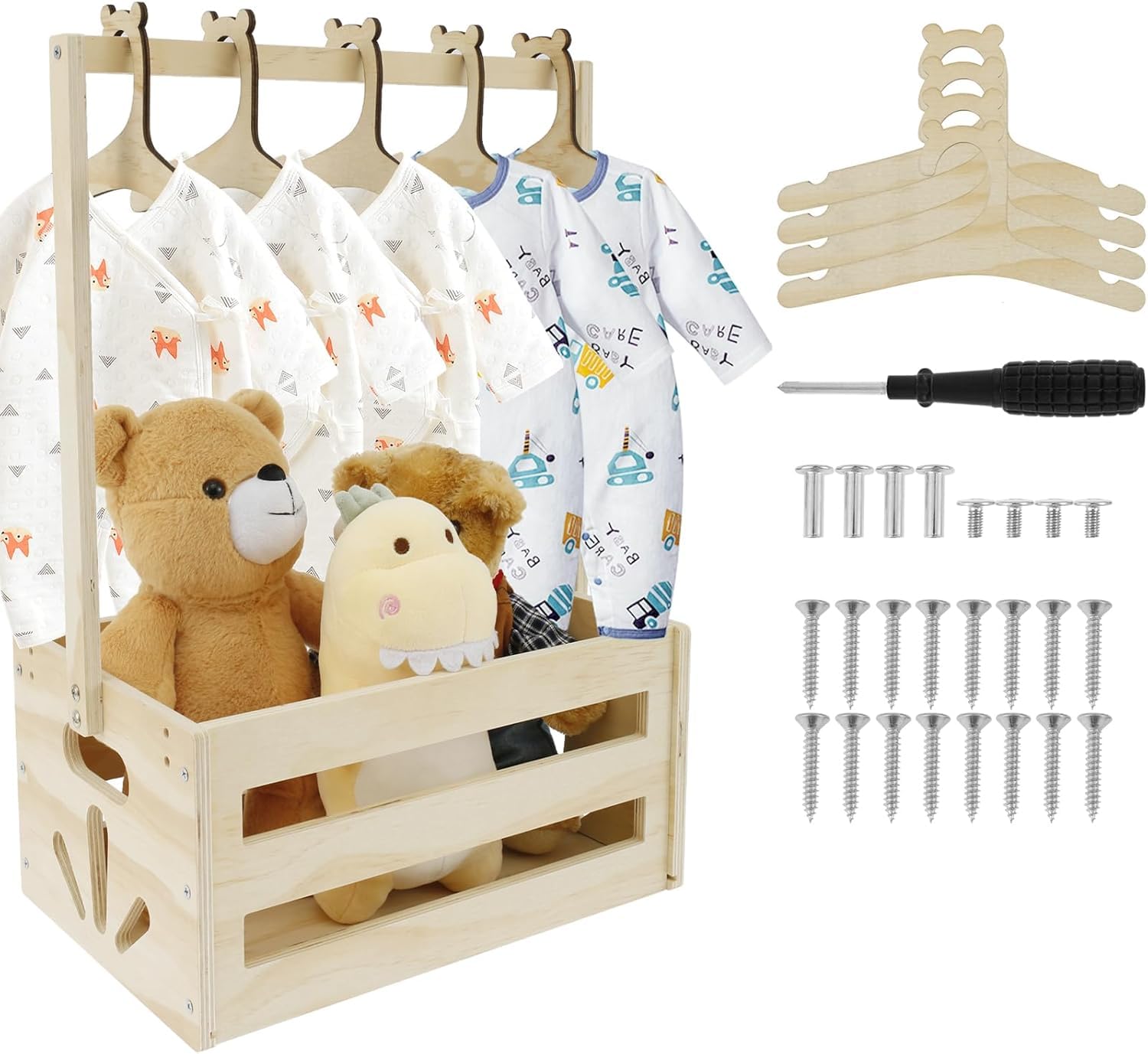 Nihuifdpy Style M Wood Baby Shower Crate Closet Baby Storage Crate With Hangers & Handle, Decorative Babies Hamper Basket,Babies Clothes Rack For New Born Shower New Parents (Style M)