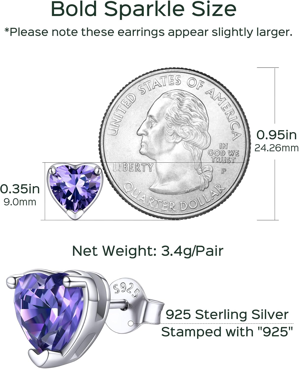 ChicSilver 925 Sterling Silver Birthstone Earrings for Women, 8MM/2 Carat Heart, Round & Princess Cut CZ Stud Earrings, Hypoallergenic Jewelry, Ideal Birthday or Christmas Gifts - Image 5