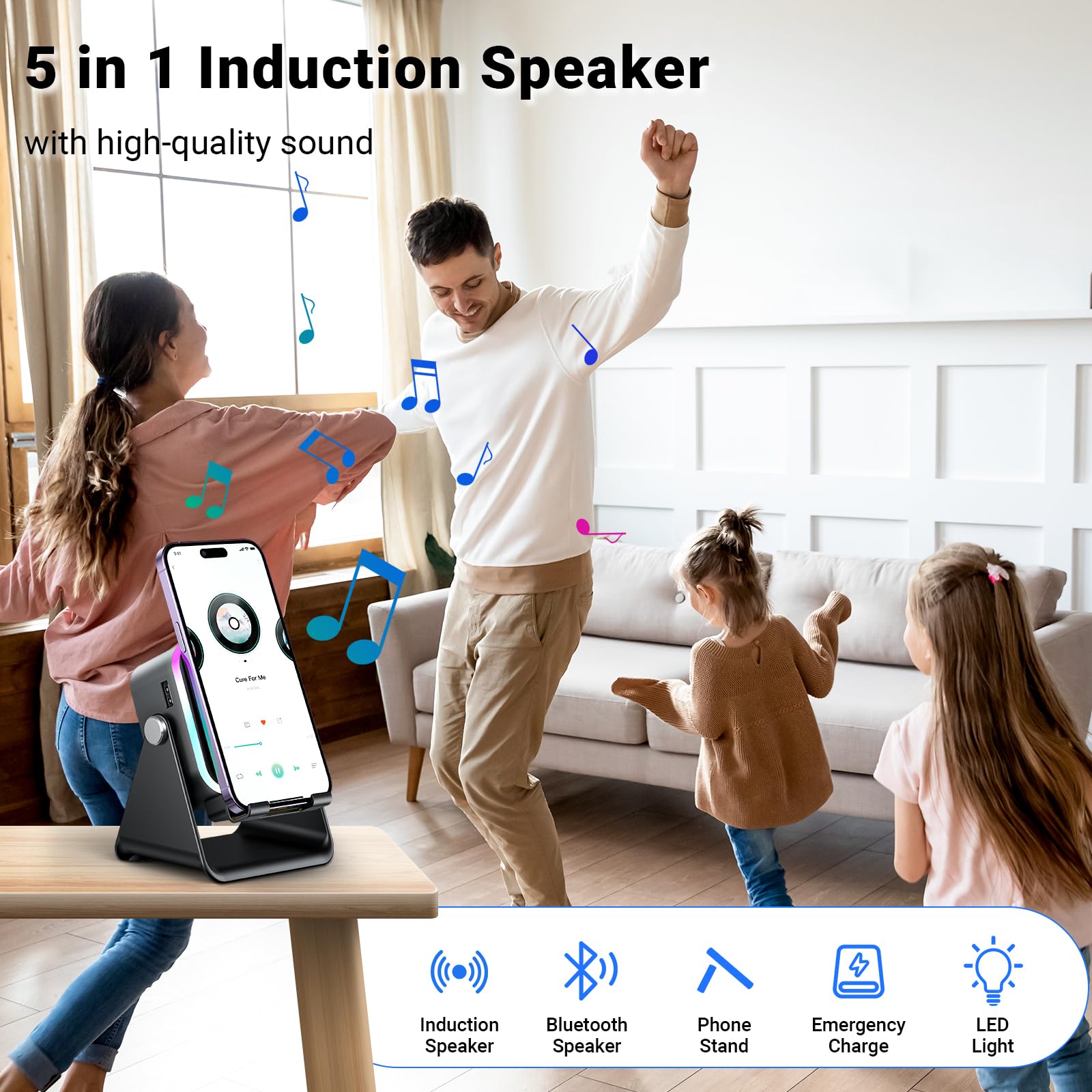 The AIKELA Induction Speaker offers a compact, multi-functional design with an integrated phone stand and LED light.