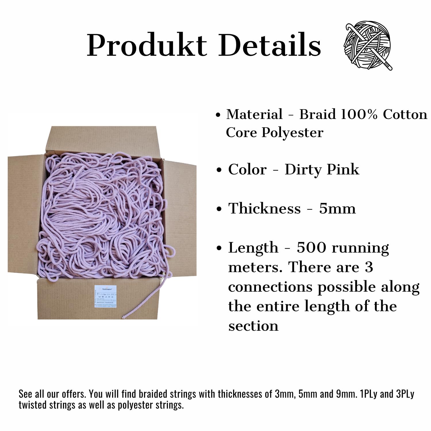 Cordon en coton d'une pièce de 5 mm, 500 m, 46 couleurs, fil de macramé, fil de coton, cordon en coton tressé de 5 mm avec noyau, cordon au crochet, corde en macramé (rose sale)
