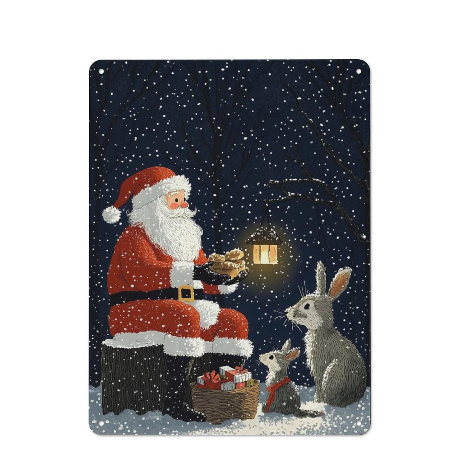Junmoney Santa Claus With Bunnies Christmas Metal Wall Sign 40X30cm Featuring For Home Bar Wall, For Themed Interiors In Home Bars And Entertaining Spaces