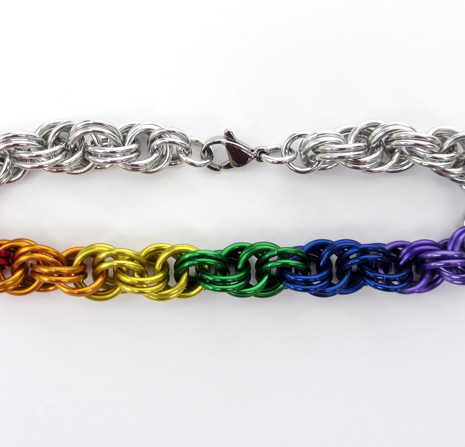 Handmade Rainbow Chainmail Double Spiral Bracelet – LGBTQ+ Pride Jewelry – Custom Length – Stainless Steel Lobster Claw Clasp