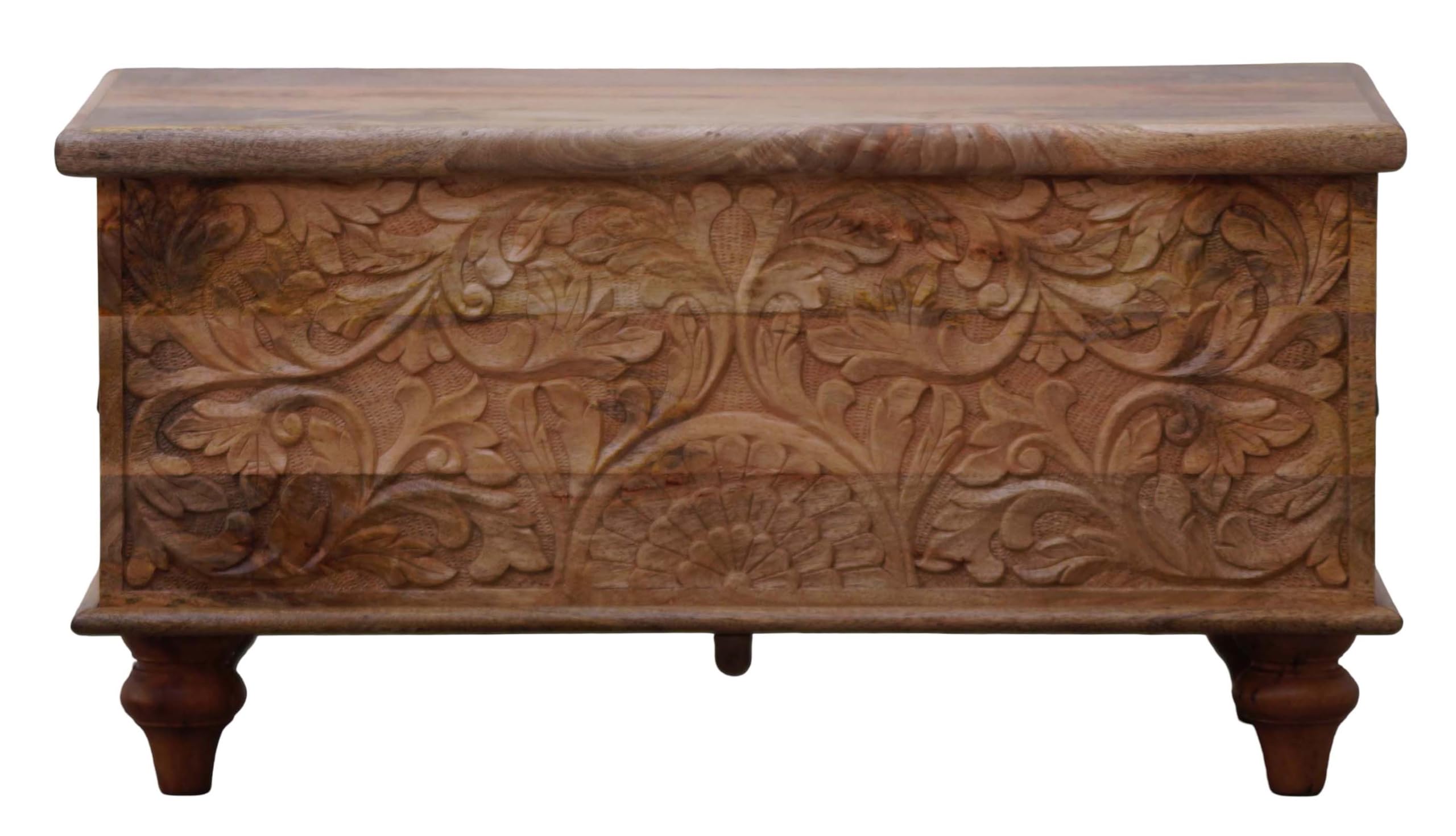 Wooden Storage Trunk, Wooden Carved Trunk, Coffee Table for Living Room, Center Table with Storage, Decorative Blanket Box. Floral Design, Natural Mango Wood Finish.
