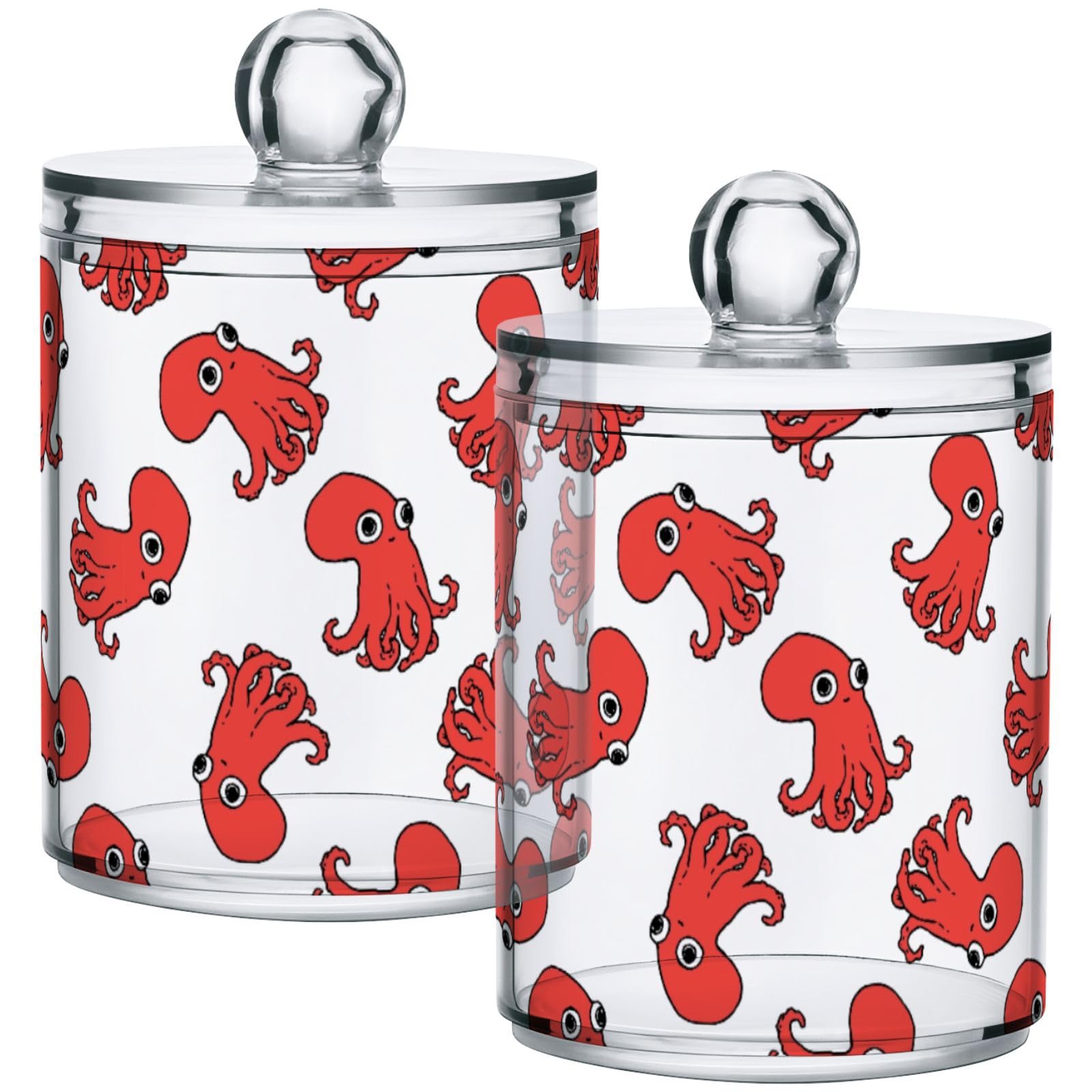 Gredecor 2 Pack Qtip Holder Clear Red Octopus Pattern Apothecary Jars with Lids Acrylic Bathroom Jars Vanity Countertop Canister Storage Organizer for Cotton Ball,Swabs,Pads,Floss
