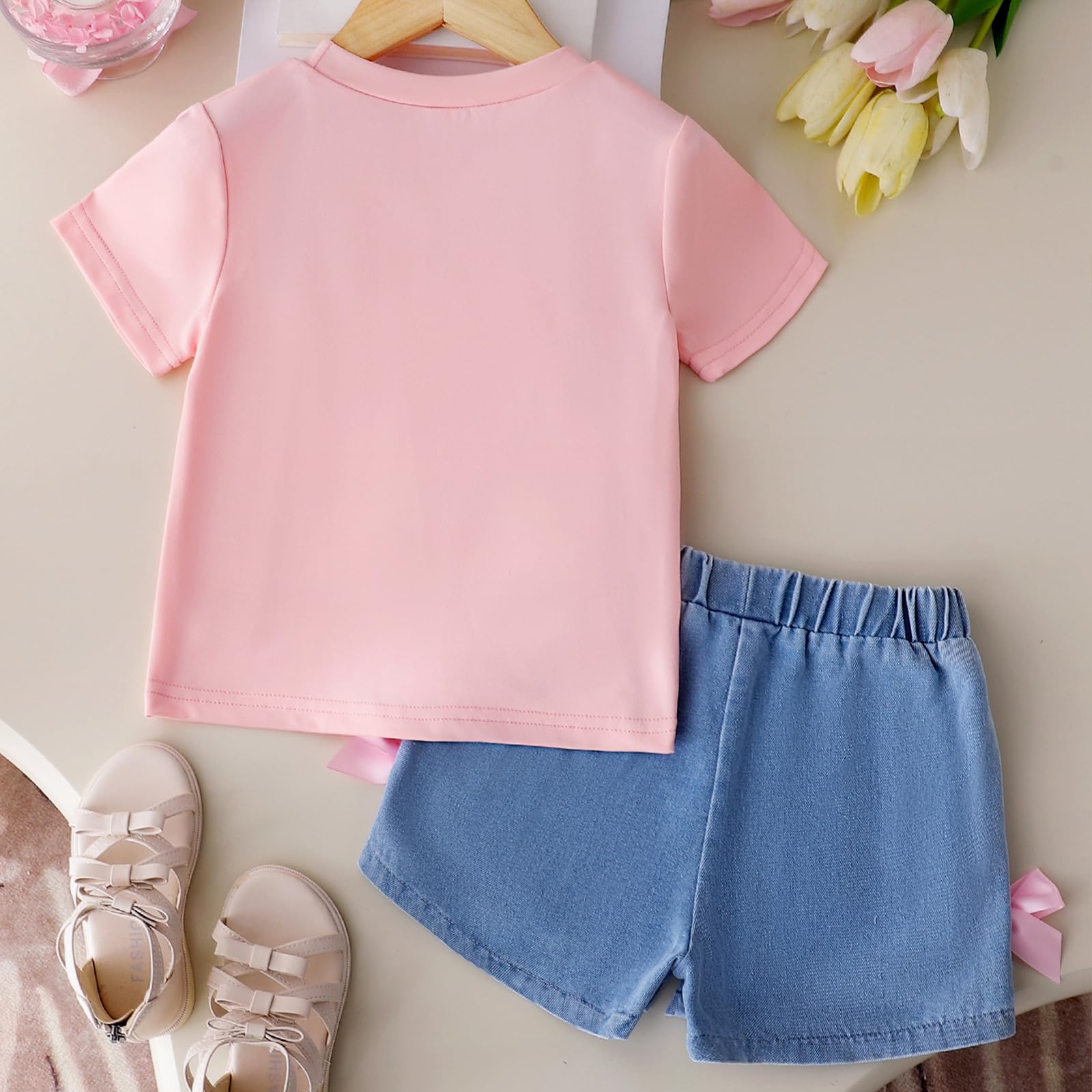 Conjunto Ropa para Niña Tee Shirt de Manga Corta y Pantalones Cortos Vaqueros Traje de Verano Conjuntos Moda Ocio dos Piezas para Niño — view 3