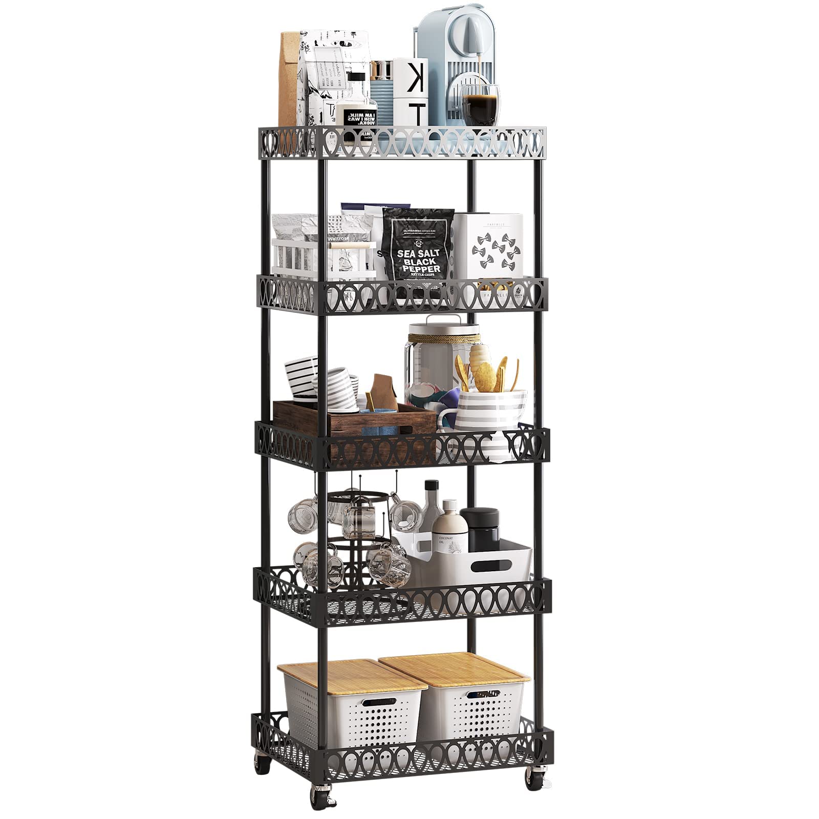 Photo 1 of 5-Tier Utility Movable Storage Rack, Heavy-Duty Mesh Storage Rack with Locking Wheels, Metal Mobile Storage Rack for Kitchen, Living Room, Bathroom, Office, Black