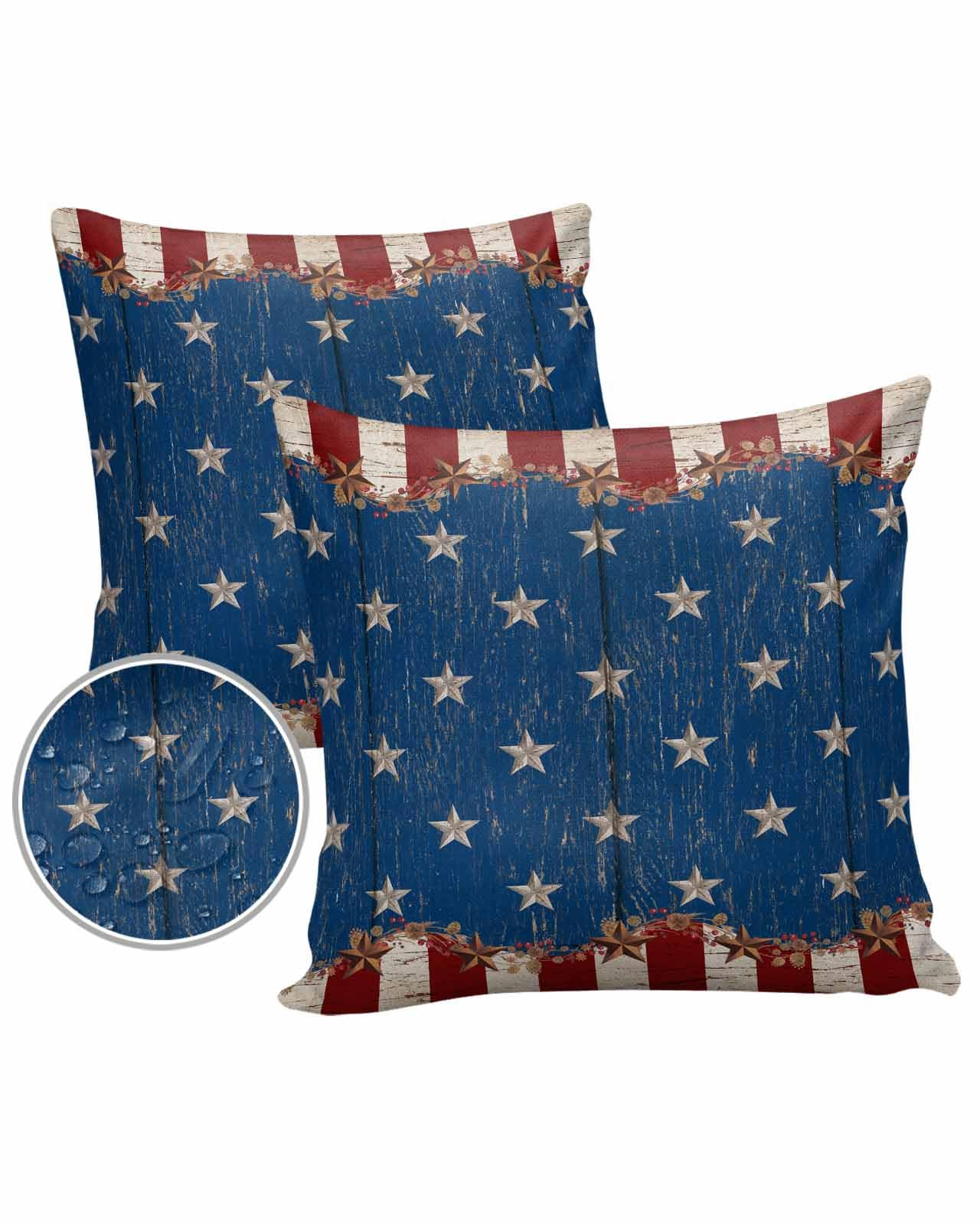 Star Stripes Flag Waterproof Outdoor Throw Pillow Covers 16''x16'' Pack 2, Pillow Cases Throw Cushion Cover with Hidden Zipper Rustic Shabby Chic Wood Grain Washable Pillowcase for Poolside Sofa