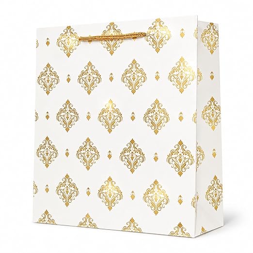 Flora Paperbags paper bags for Gifting Medium Size Gift Bags 12 x 10 x 3.6 Inch Premium Gold Printed Paper with Rope Handles Wedding Return paper Bags, Birthday Gift Bags, Party Favors & Corporate Gifting Pack of 10