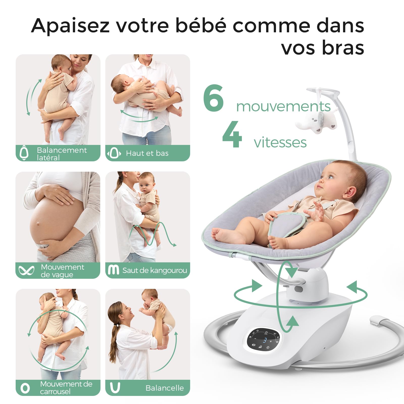 Momcozy CocoSway Balancelle Bébé Électrique, 3D-Motion, Télécommande, Gris | 6 Modes, 4 Vitesses, Siège Pivotant 180°, Transats, Balançoires, Nourrissons, Tout-petits, 5 Harnais, Berceuses