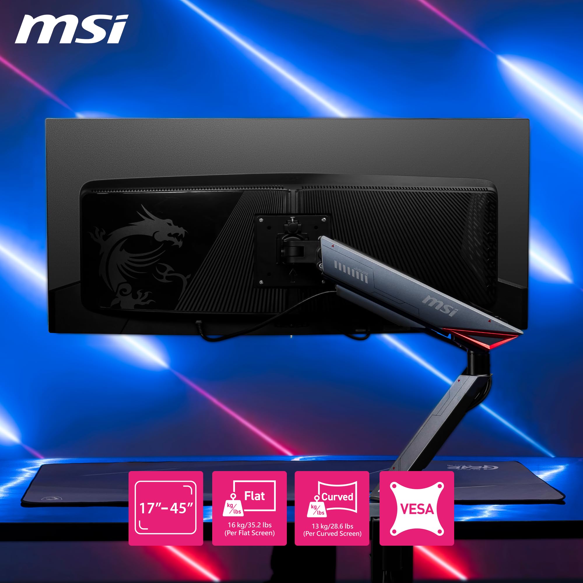 MSI MPG MT161R – Bras de Support pour écran Simple RVB de qualité supérieure, Prend en Charge Les écrans de 17 à 45" et 16 kg, Compatible VESA, Support à Ressort réglable, Pince et œillets, Plaque de