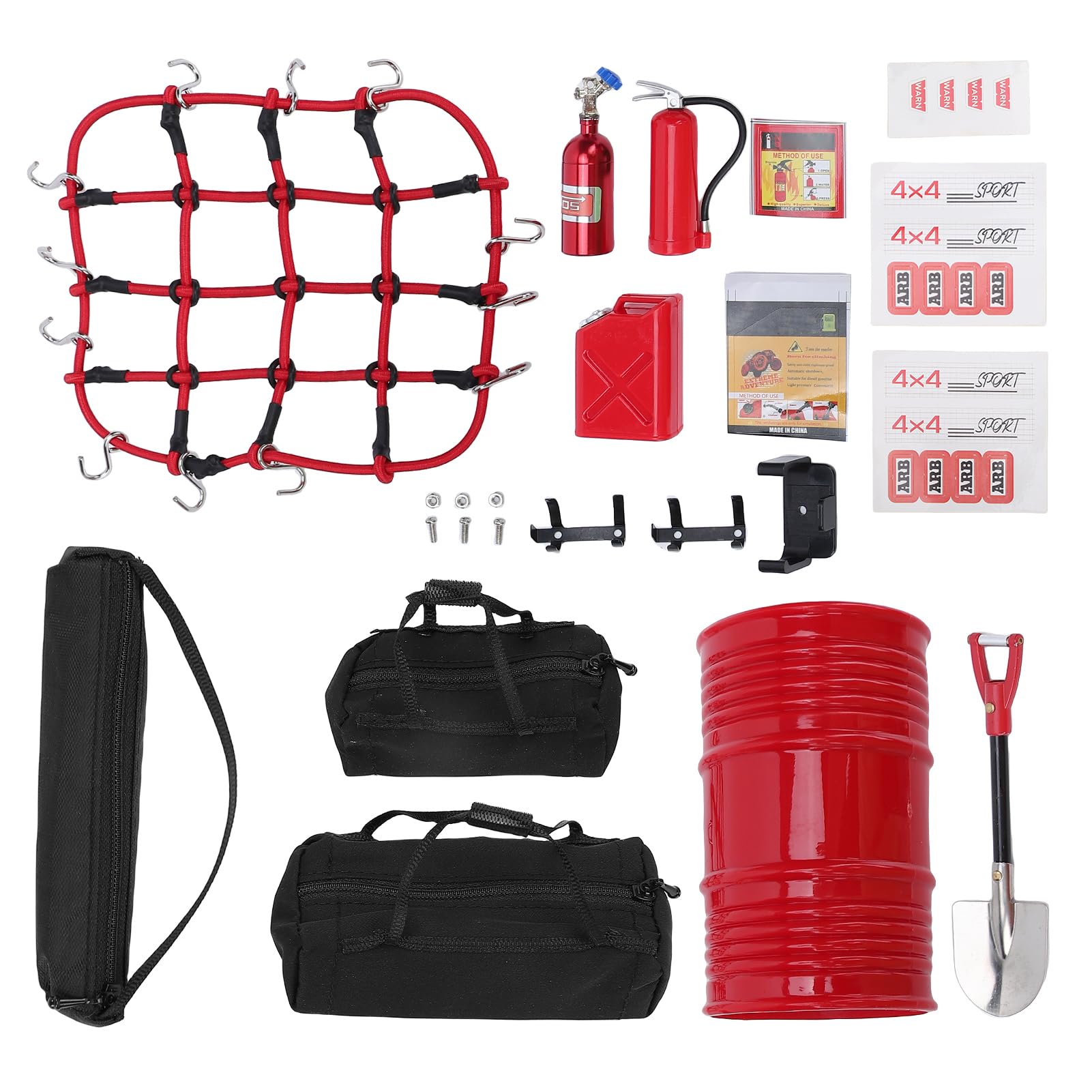 Generic 1:10 Scale RC Crawler Car Decor Set, Realistic Off-Road Accessories for Enhanced Appearance, Includes Bags, Net, Fuel Tank, Oil Drum, Jack, Fire Extinguisher and Shovel, Durable Material
