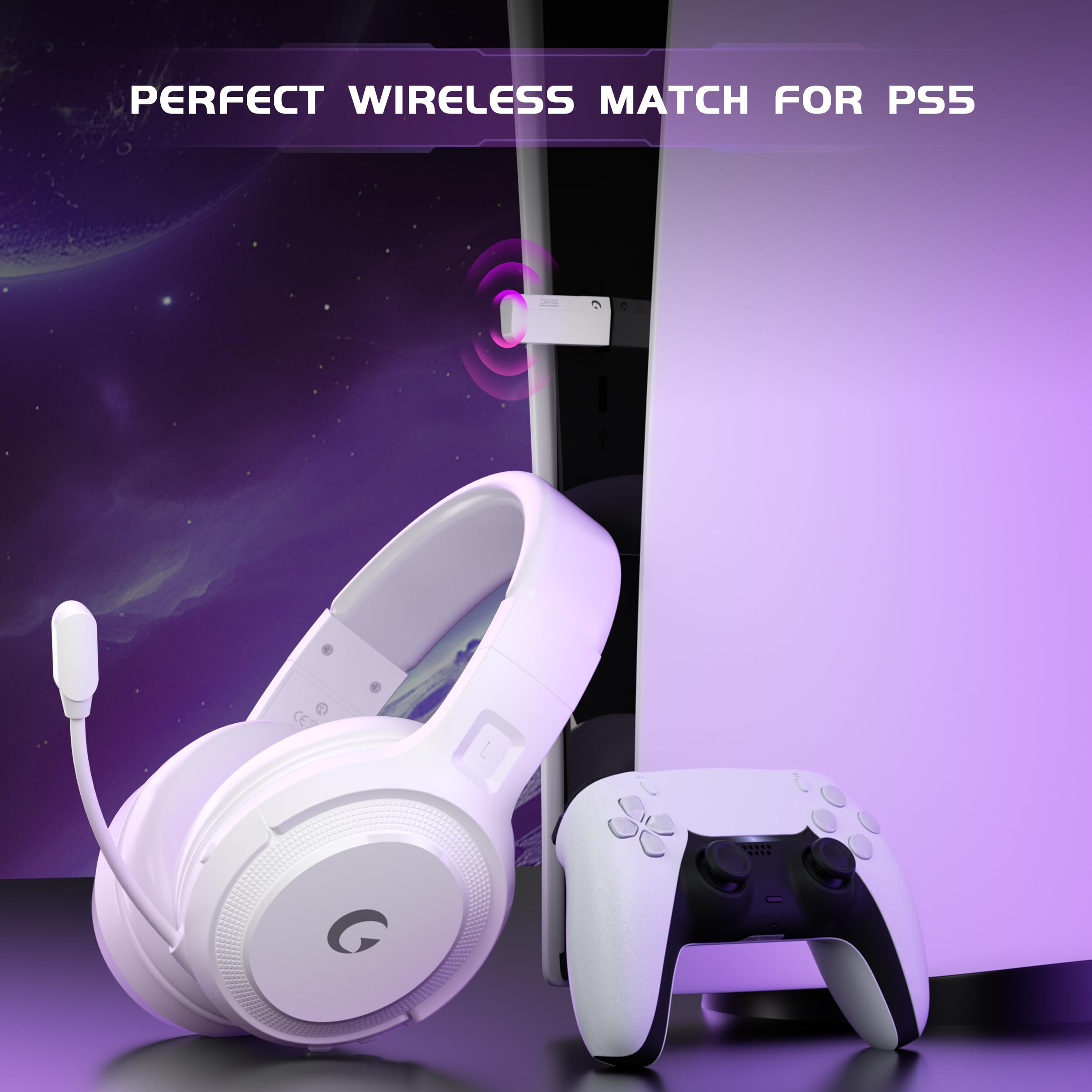 Wireless Gaming Headset for PS5, PS4, PC, Switch - Bluetooth 5.3 with Noise Canceling Microphone, 50-Hour Battery, Type-C Charging Gaming Headphones - White — view 3