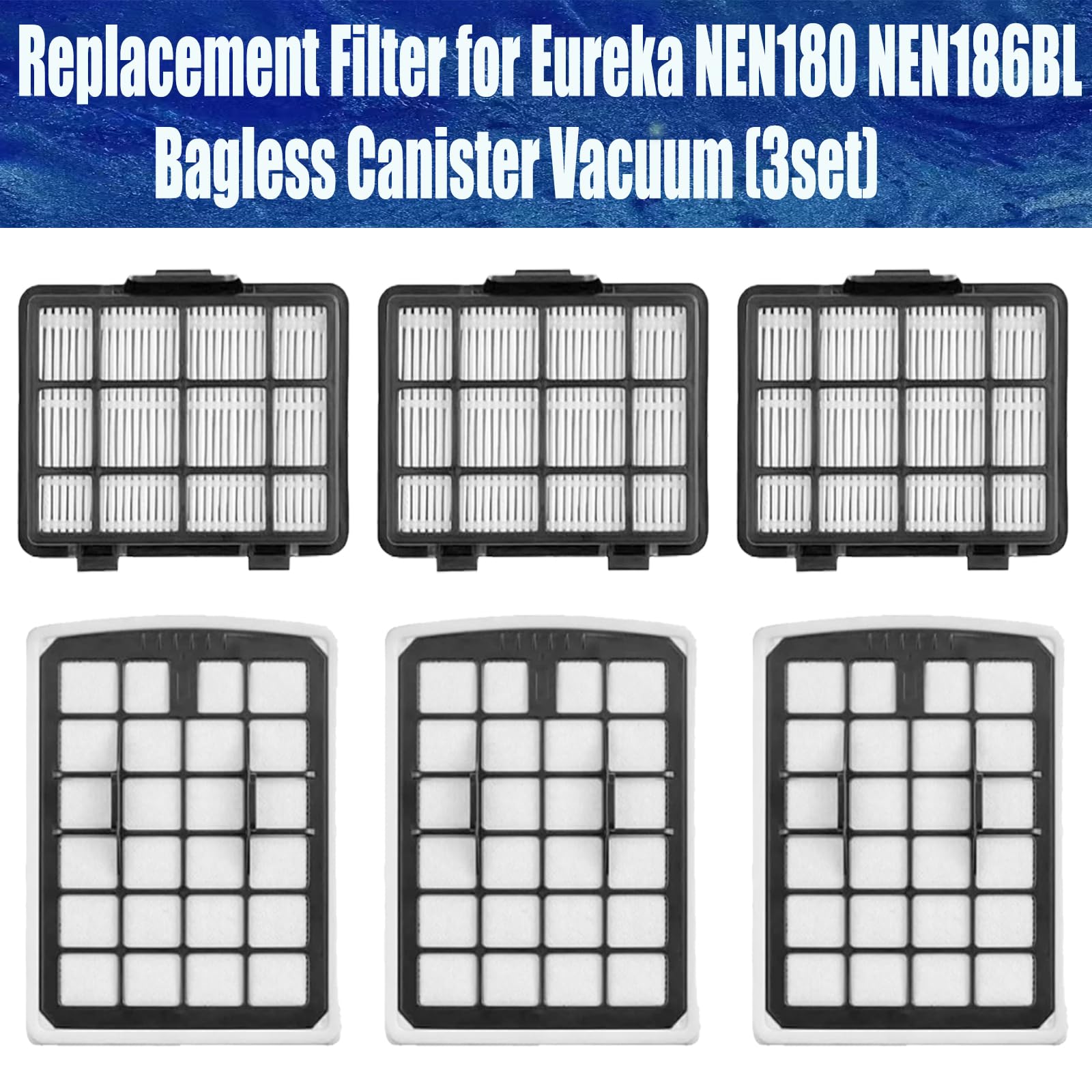 Replacement Filter kit for EUREKA NEN180 / NEN186BL Bagless Canister Vacuum Cleaner Contain 3 Dust Cup Filter Element and 3 HEPA Filters