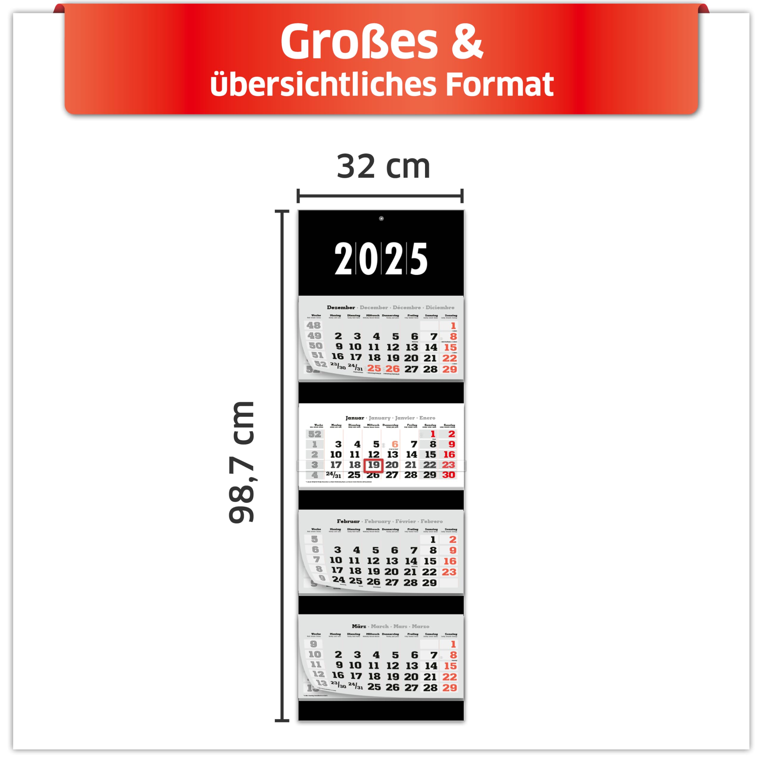 Calendario Da Parete 2025 PRIMUS PRINT - XXL 4 Mesi Con Blocchi E Cursore Data - Foto 3