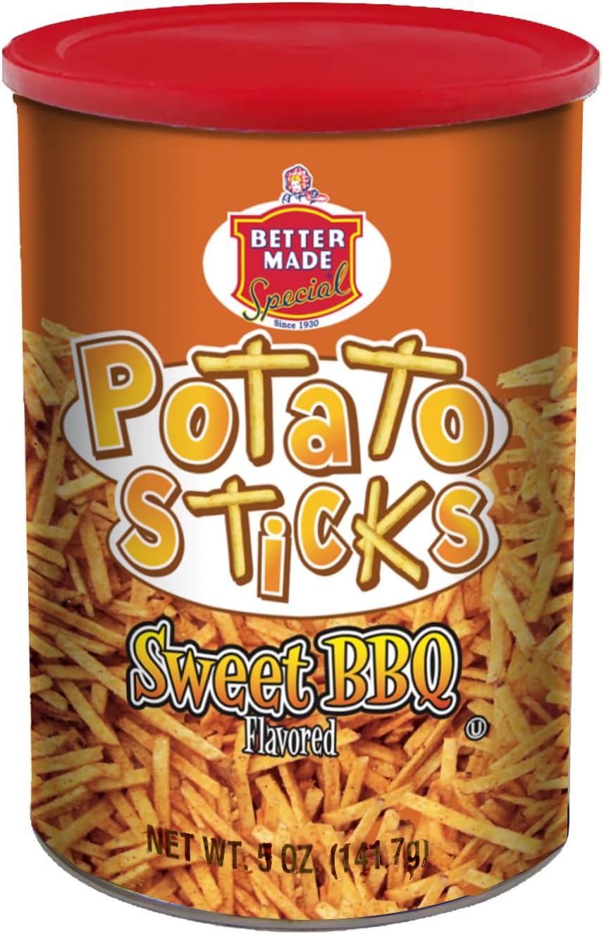 Better Made Potato Sticks 5oz Canister - Shoestring Potato Sticks - Gluten Free - Crunchy, Crispy Snack from Fresh Potatoes - Resealable Lid (Sweet BBQ, Single Can)