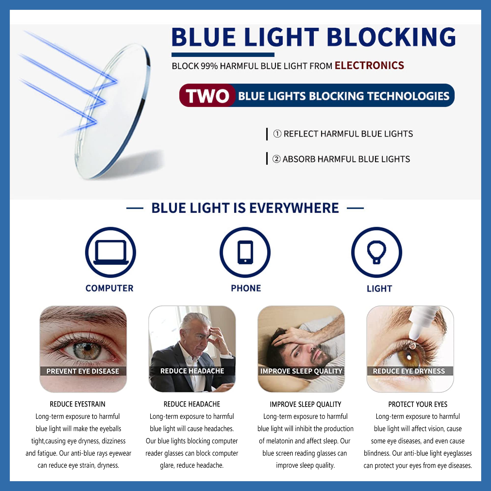 4 x Lesebrille aus Metall, halber Rahmen, für Herren, Damen, blaues Licht, blockierende Augen mit Federringen