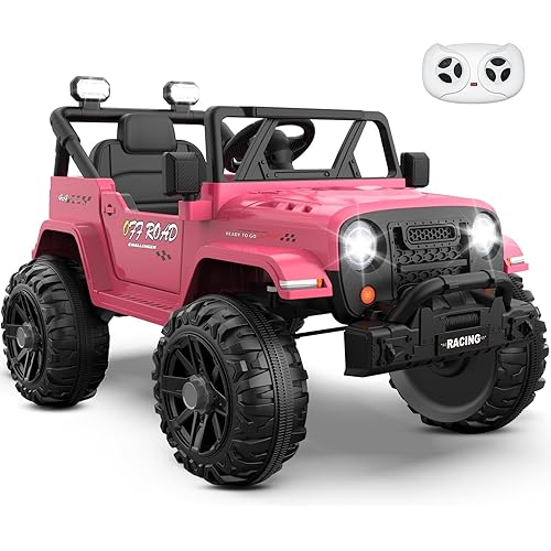 12V Ride On Truck Car with Remote Control, Kids Electric Vehicles with Bluetooth Music, Horn, 3 Speeds, 4 LED Lights, Soft Start, Ride on Toys for Toddler Boys & Girls (Pink)