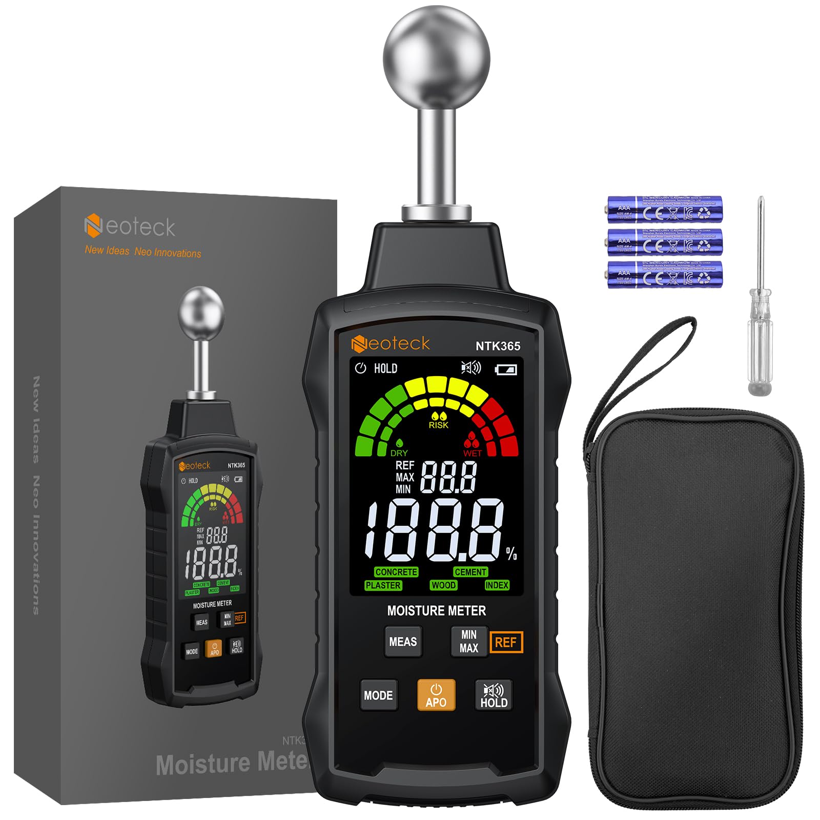 Neoteck Misuratore Umidità Legno Senza Ago – Scanner per Calcestruzzo, Intonaco, Legno, Muratura, Profondità di Analisi 5-40mm, 5 Modalità, Display LCD 3 Colori, per Ristrutturazione Casa e Cantiere