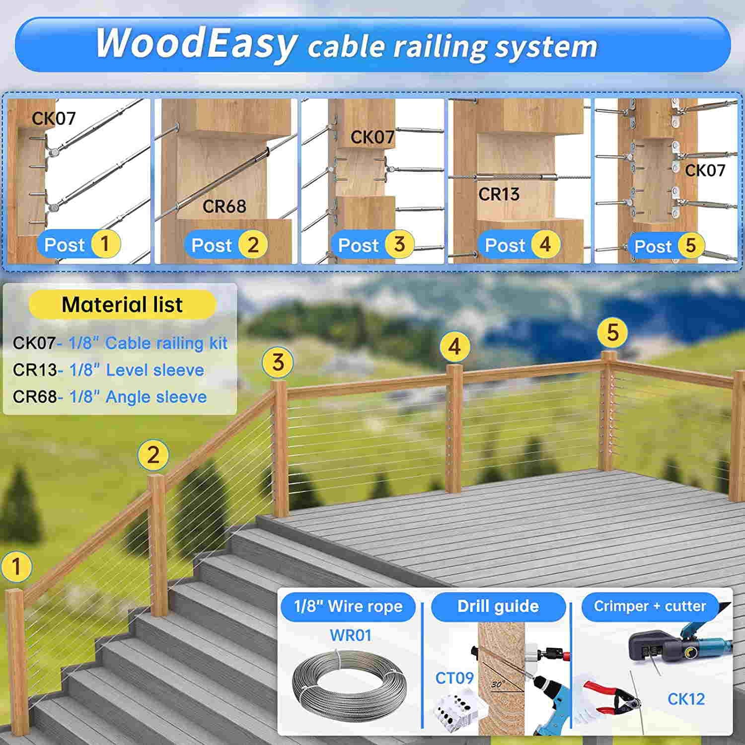 Muzata 40Pairs Cable Railing Kit 1/8" Swage Toggle Turnbuckle Hardware T316 Stainless Steel for Wood Post WoodEasy System Angle 180° Adjustable Stairs Deck 40 Cable Lines CK07 NN1,CA4 CA5