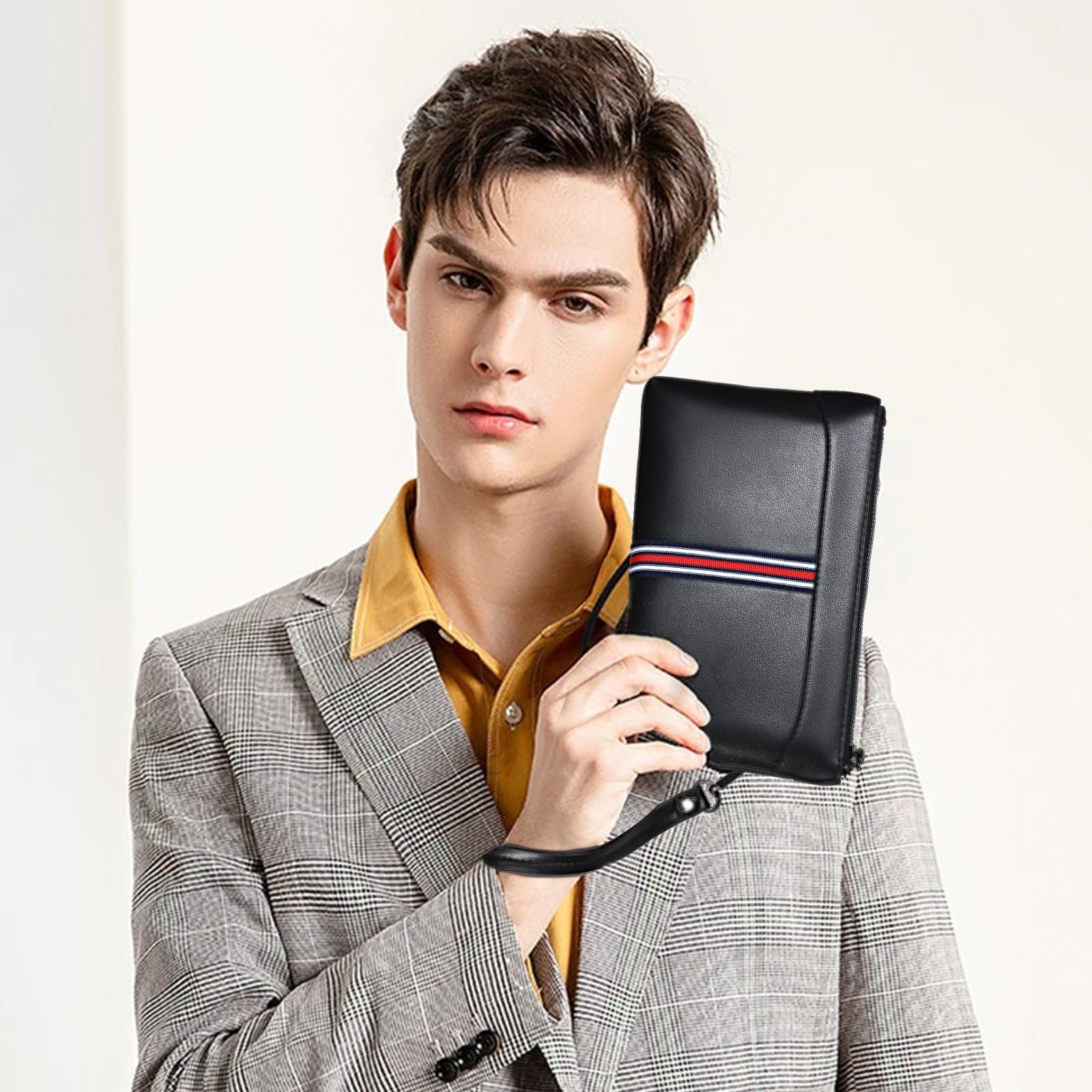 Eshow Pochette Uomo, Borsello a Mano in Pelle Sintetica, Borsa da Polso Nero Grande Capacità para Lavoro Viaggio Ufficio