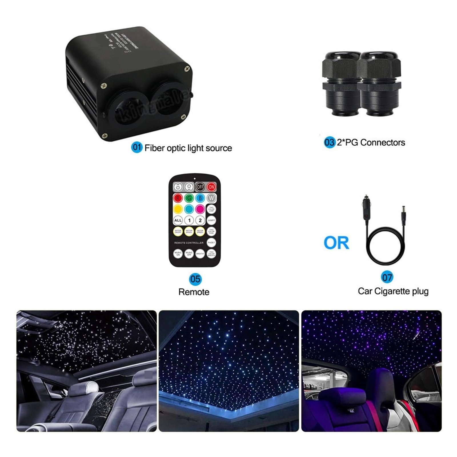 20W Podwójne Głowice Światłowód RGBW Światło Bluetooth Wnętrze Auta Na Dach Samochodowy Gwiazdy Lampa Sufitowa 2 Kolory W Różnych Migoczących Diodach LED