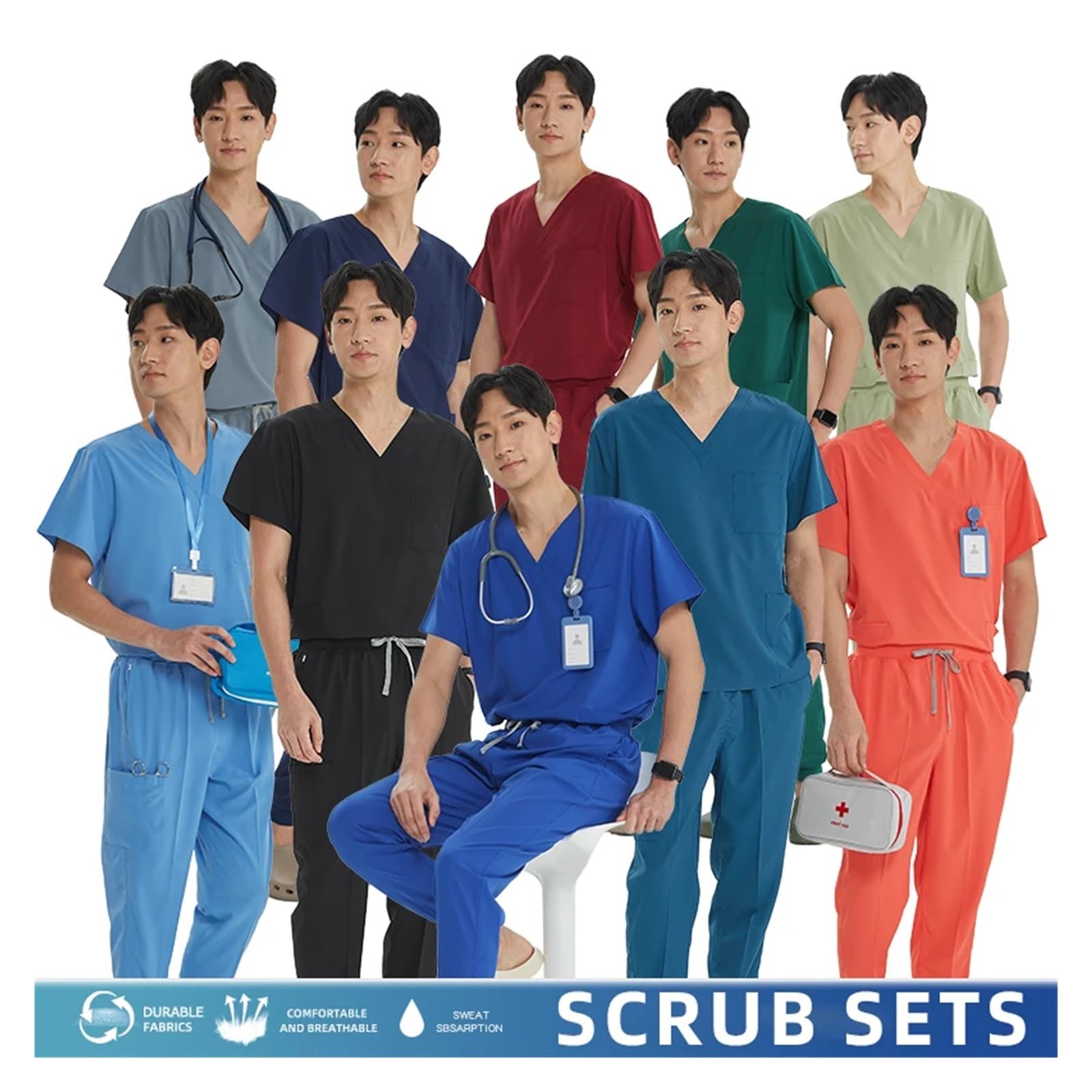 Uniforme Sanitario Hombre Conjunto de pantalón de chándal Superior, Ropa de Trabajo quirúrgica elástica, Traje de Dentista, Traje de enfermería, Traje de médico(Powder Pink,M)