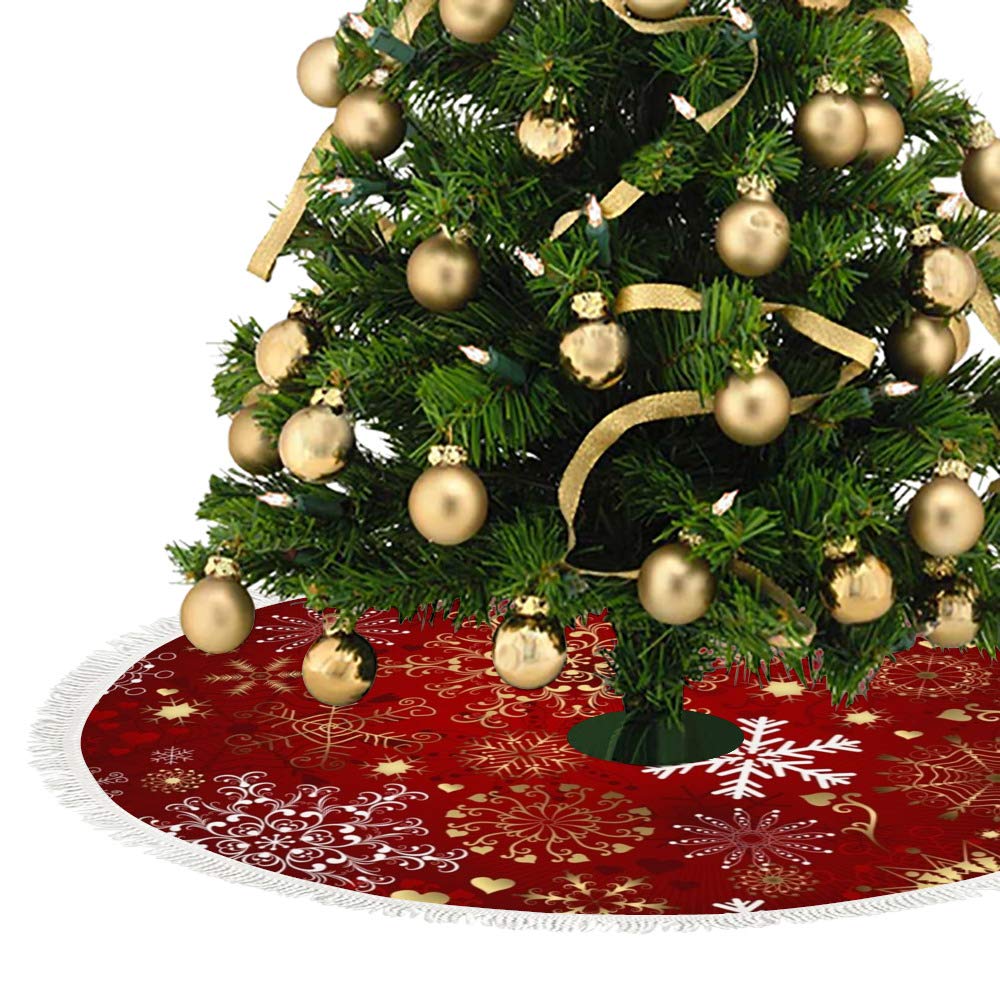 My Daily Gold Snowflakes Christmas Tree Skirt 30 inch, Red Xmas Tree Skirt with Tassels Christmas Holiday Decoration