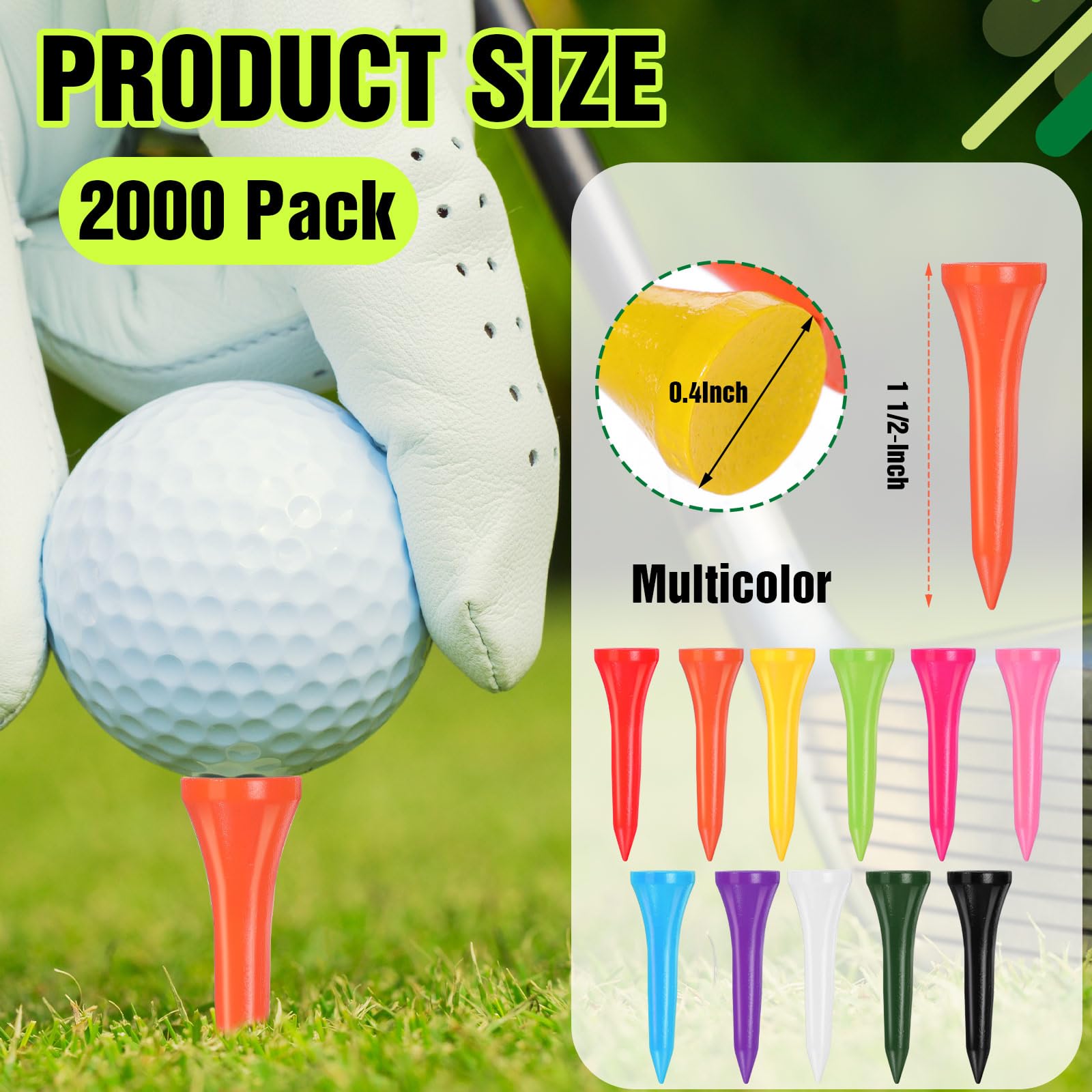 Mudder Bambus-Golf-Tees, 2000 Stück, professionelle Golf-Tees reduzieren Reibung, seitlicher Spin für Schläger, Herren, Damen, Kinder, Zubehör (3,8 cm, mehrfarbig)