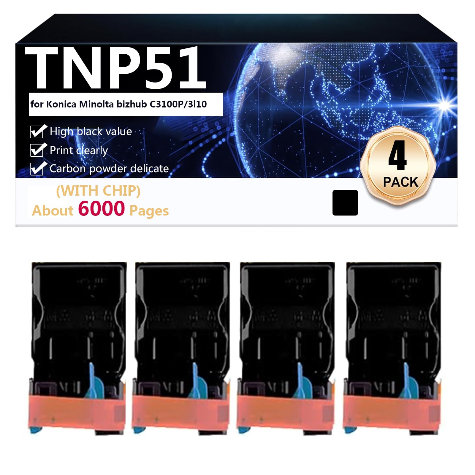 TNP51 Cartucce Toner Compatibili per Konica Minolta bizhub C3100P 3110 Stampanti, Alta Resa 6000 Pagine, Contiene Chip, Stampa ad Alta Definizione,4*Black