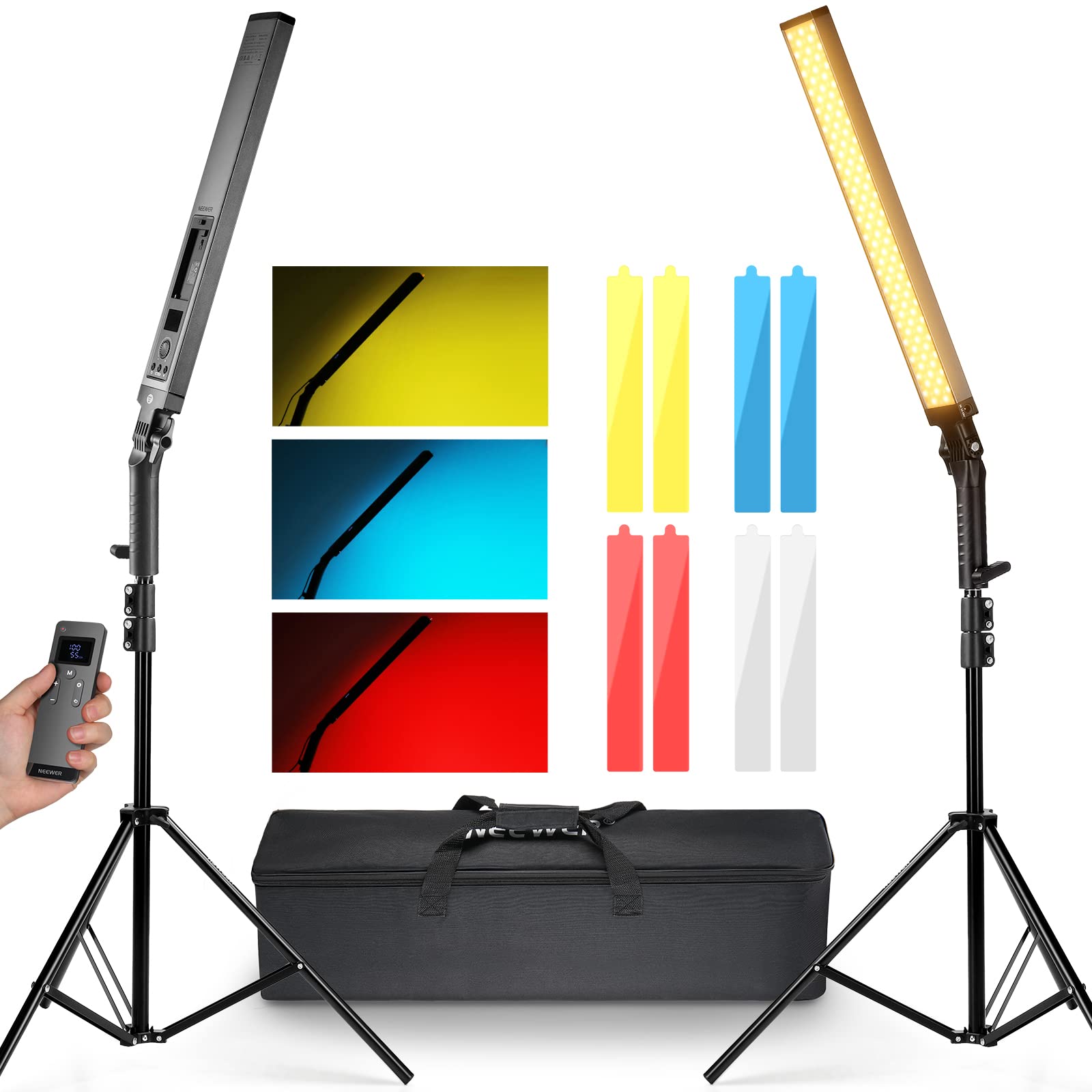 NEEWER Ulepszony pręt świetlny LED, pilot zdalnego sterowania 2,4 G, zestaw 2 szt., ręczne ściemnianie, 3200 K ~ 5600 K, CRI97+, oświetlenie ze stojakiem/filtrem/torbą, do filmów YouTube, zdjęć, gier,